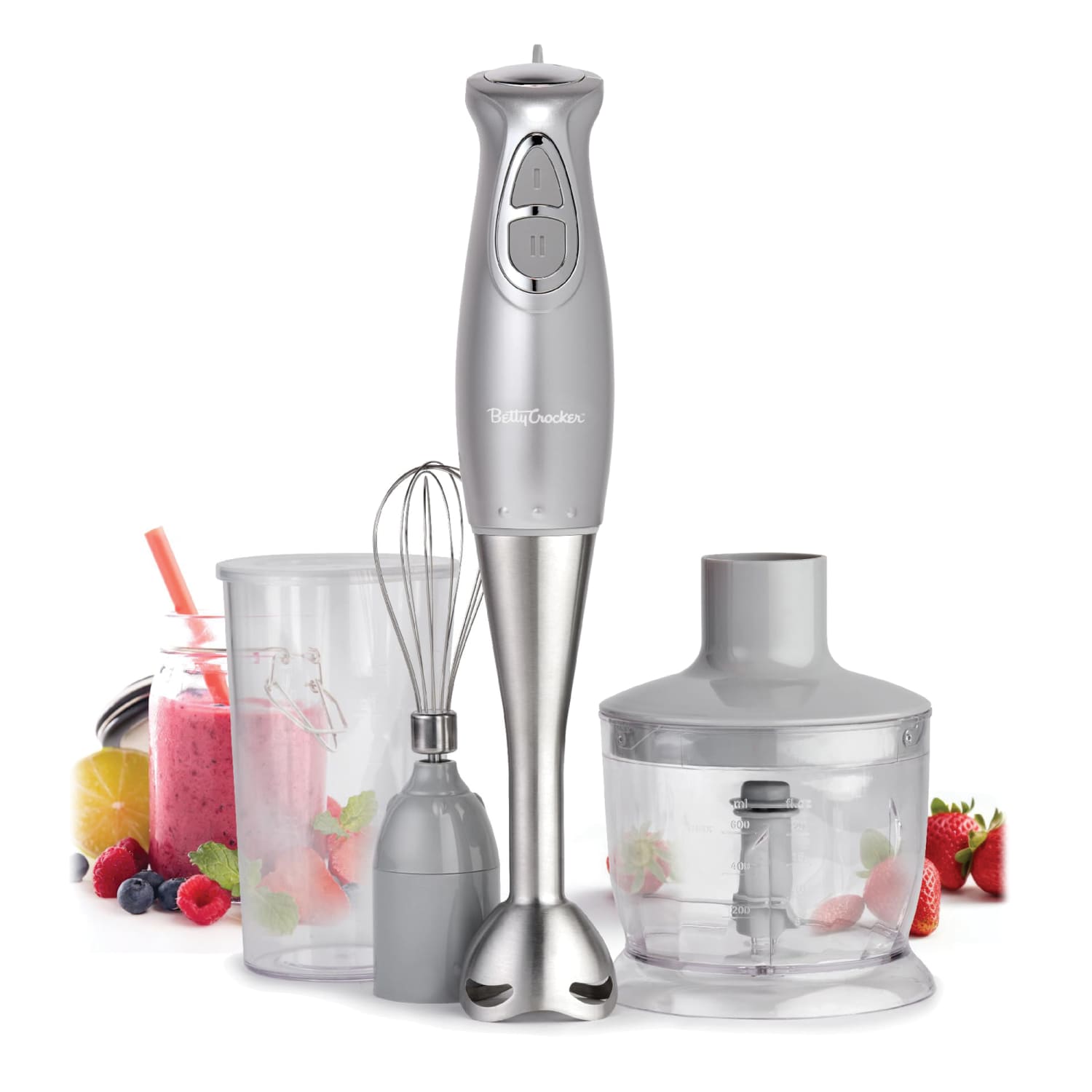 Betty Crocker 2-Speed Corded Electric Hand Blender With Beaker, Chopper, And Whisk, Silver - Image 3