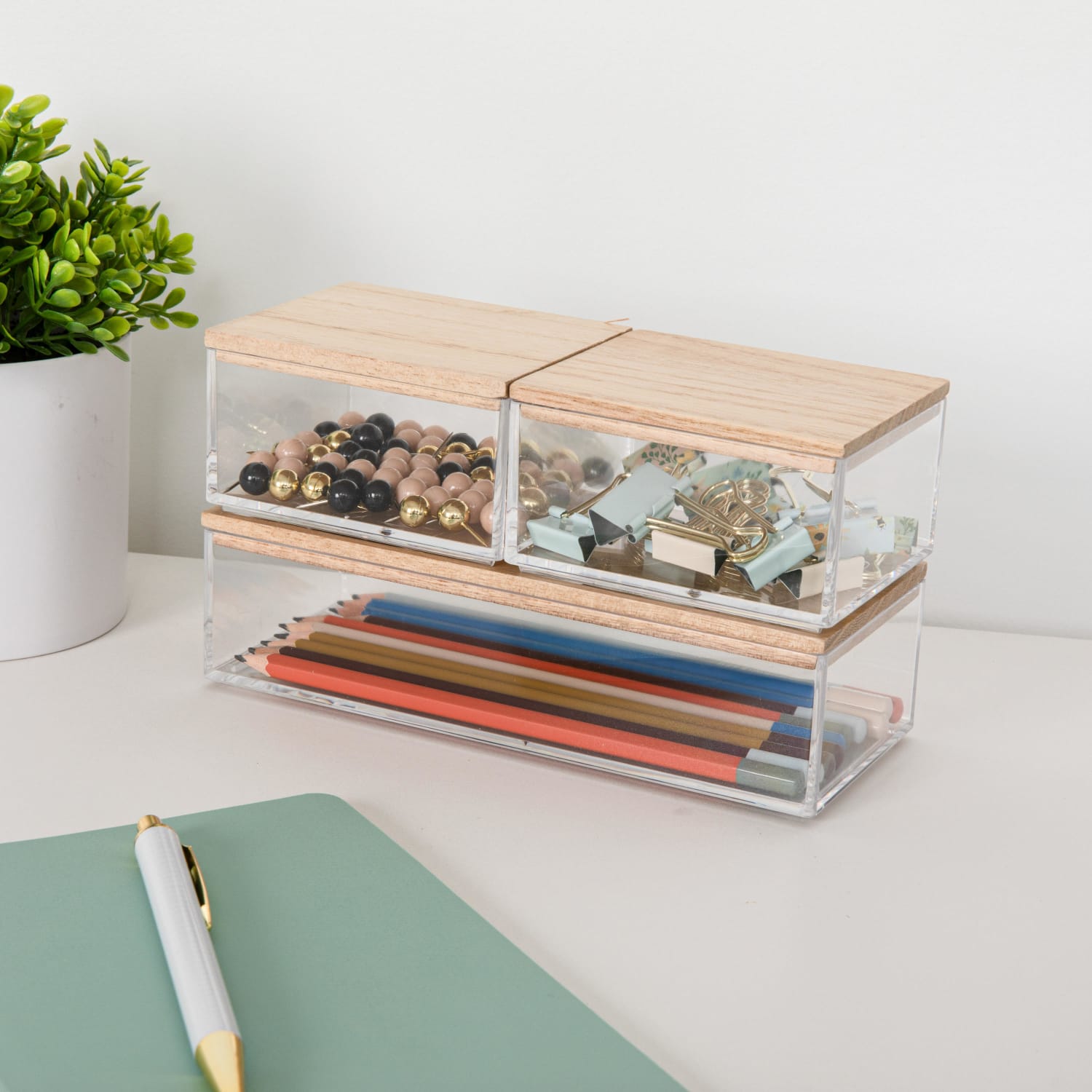 Martha Stewart Brody Plastic Storage Organizer Bins With Lids, 2inH x 3inW x 7-1/2inD, Clear/Light Natural, Set Of 3 Bins - Image 3