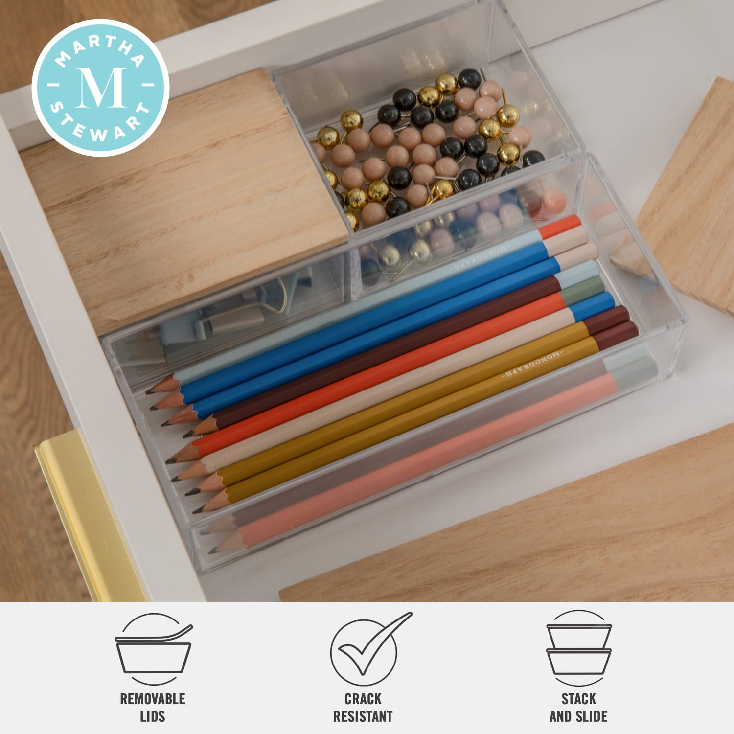 Martha Stewart Brody Plastic Storage Organizer Bins With Lids, 2inH x 3inW x 7-1/2inD, Clear/Light Natural, Set Of 3 Bins - Image 4