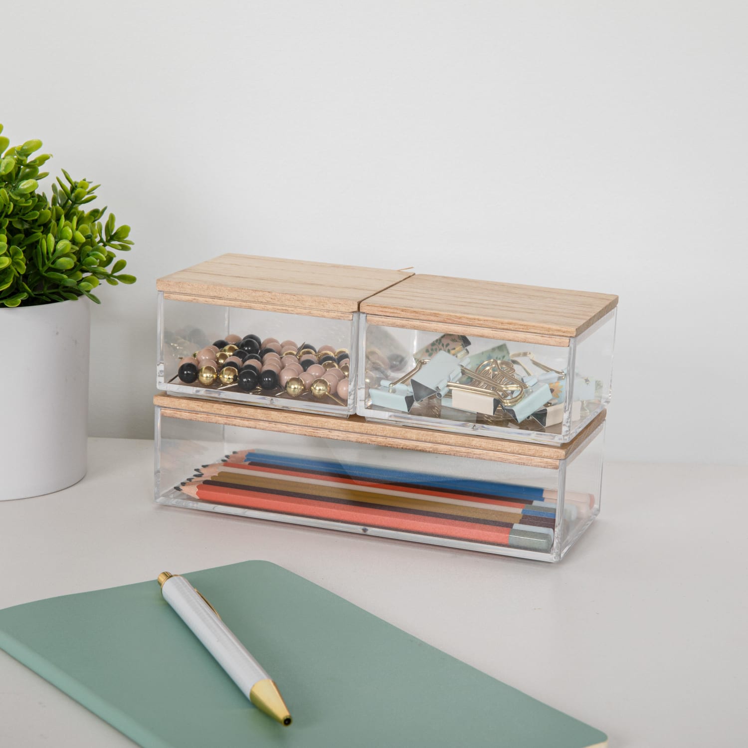 Martha Stewart Brody Plastic Storage Organizer Bins With Lids, 2inH x 3inW x 7-1/2inD, Clear/Light Natural, Set Of 3 Bins - Image 6