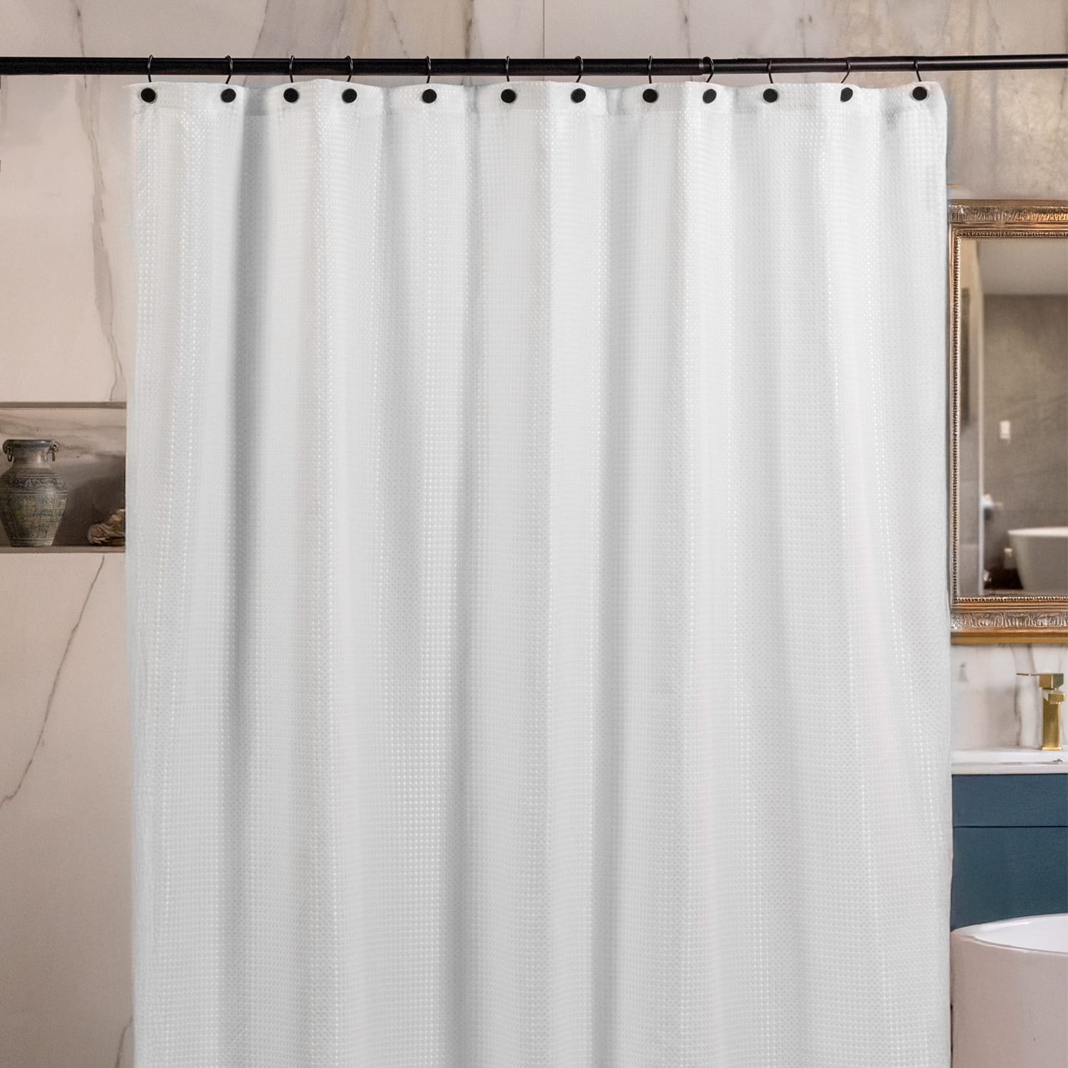 23 Threads Shower Curtain, Waffle GRS Polyester, Grommet, White, 72in x 72in, Case of 12