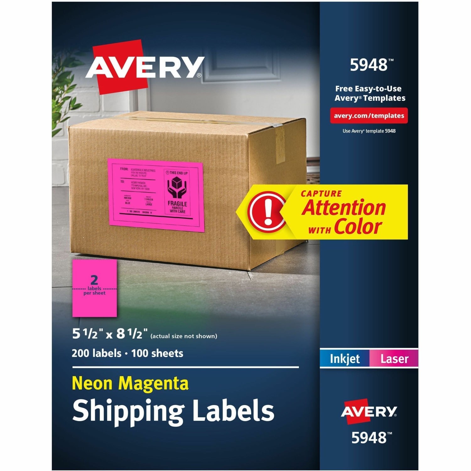 Avery High-Visibility Permanent Shipping Labels, 5948, 5 1/2in x 8 1/2in, Neon Magenta, Pack Of 200 - Image 5