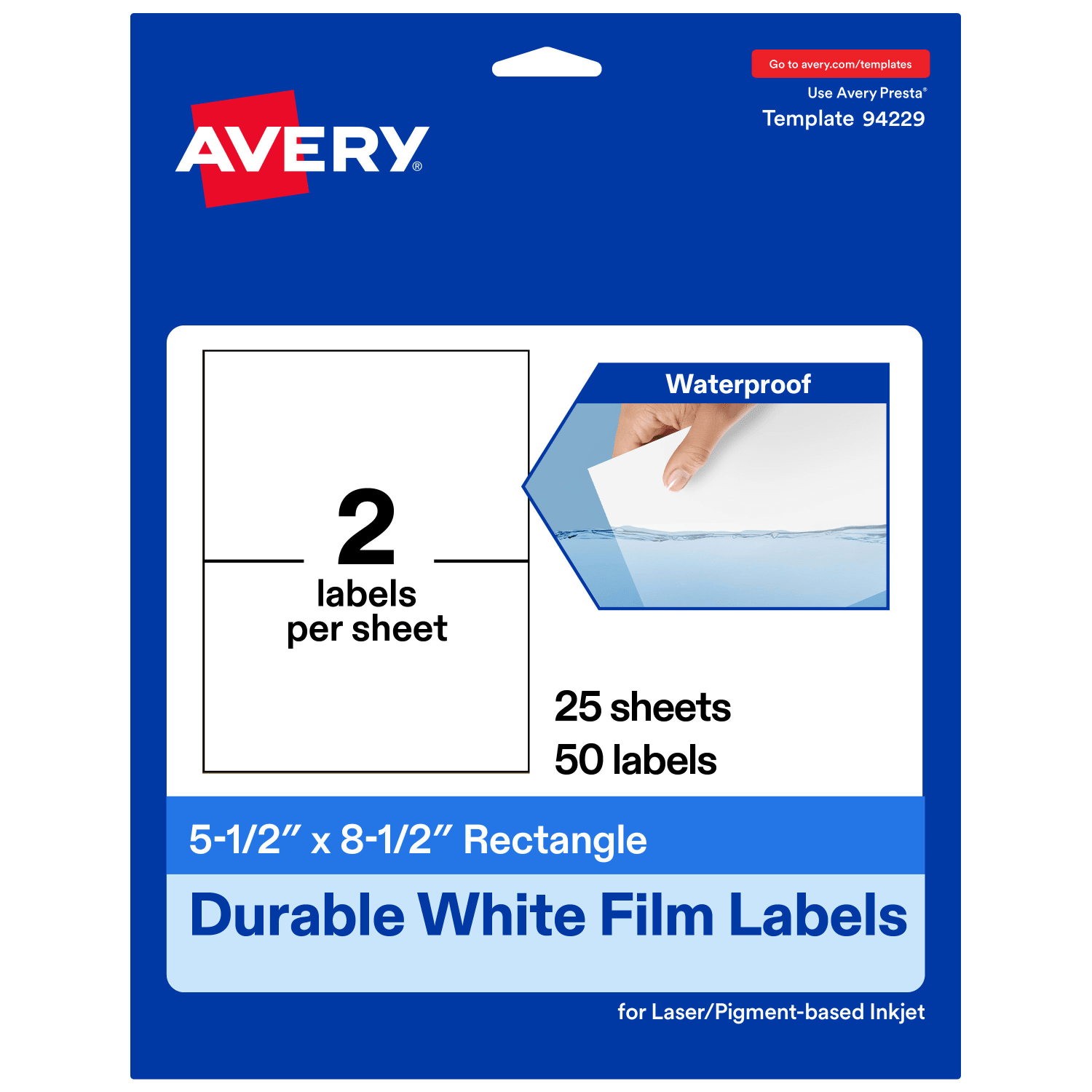Avery Waterproof Permanent Labels, 94229-WMF25, Rectangle, 5-1/2in x 8-1/2in, White, Pack Of 50