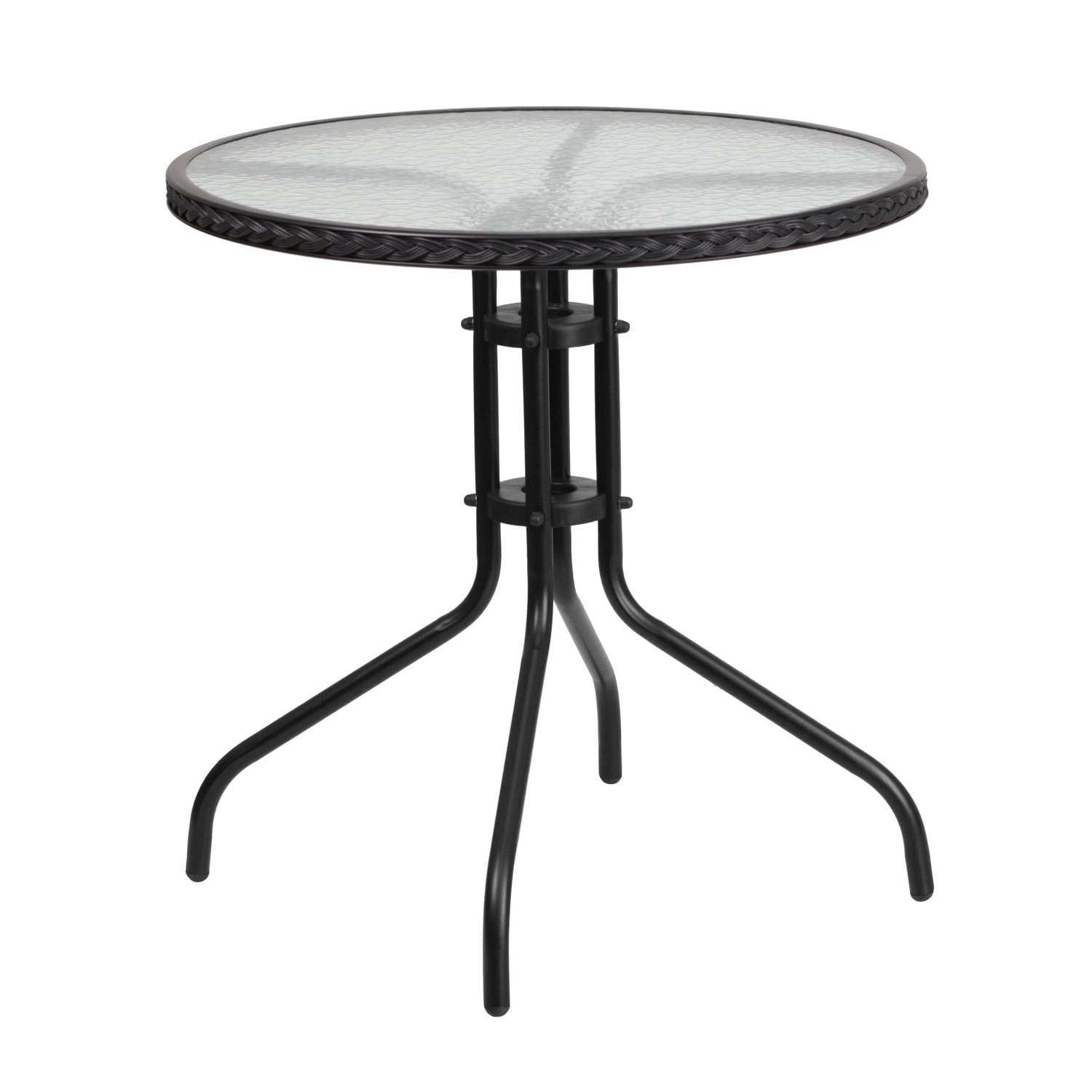 Flash Furniture Barker Round Tempered-Glass Metal Outdoor Furniture Table With Rattan Edging, 28inH x 28-3/4inW x 28-3/4inD, Clear/Black - Image 3