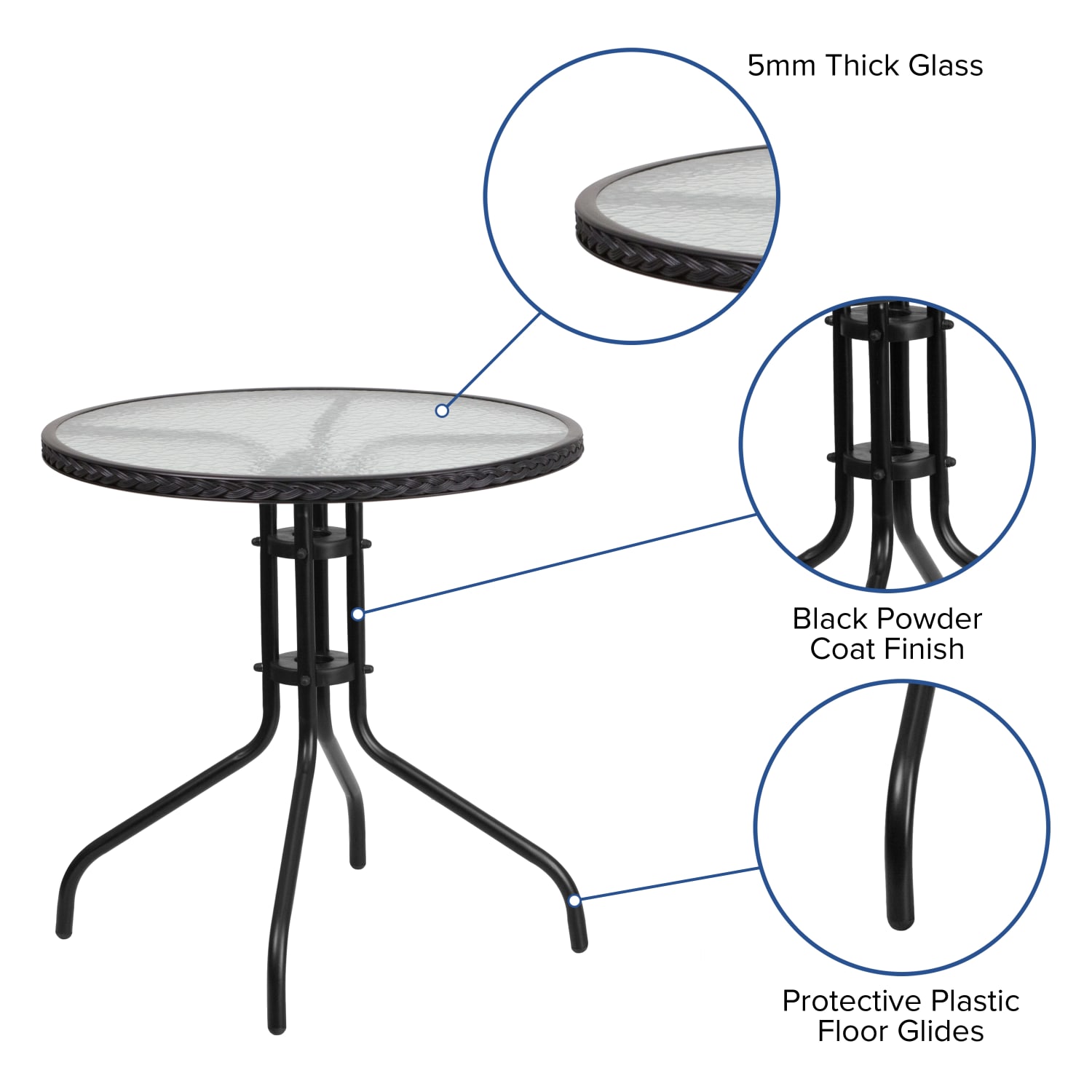 Flash Furniture Barker Round Tempered-Glass Metal Outdoor Furniture Table With Rattan Edging, 28inH x 28-3/4inW x 28-3/4inD, Clear/Black - Image 5