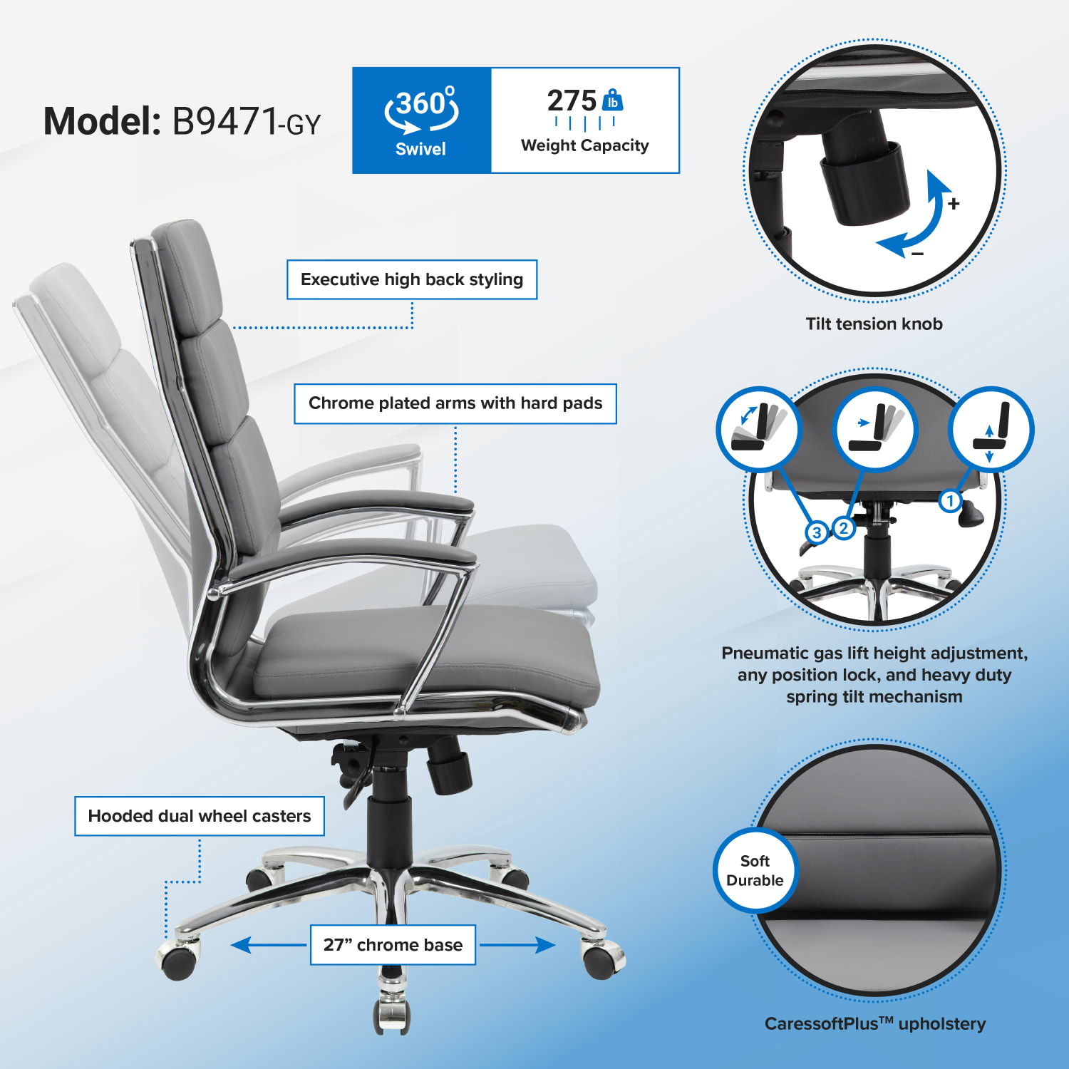 Boss Office Products CaressoftPlus Vinyl Ergonomic High-Back Chair, Gray/Chrome - Image 8