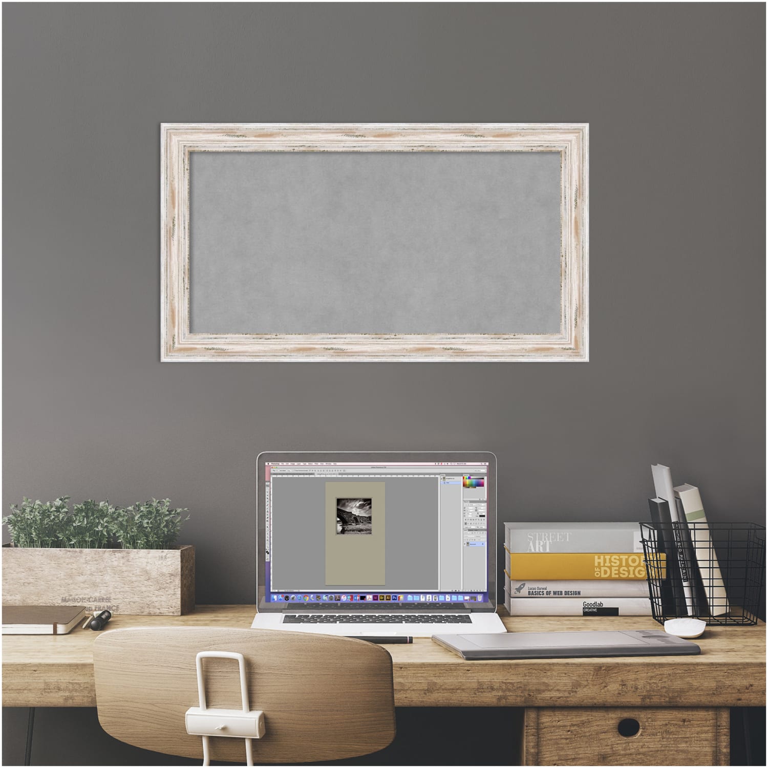 Amanti Art Narrow Magnetic Bulletin Board, Aluminum/Steel, 27in x 15in, Alexandria White Wash Wood Frame - Image 5