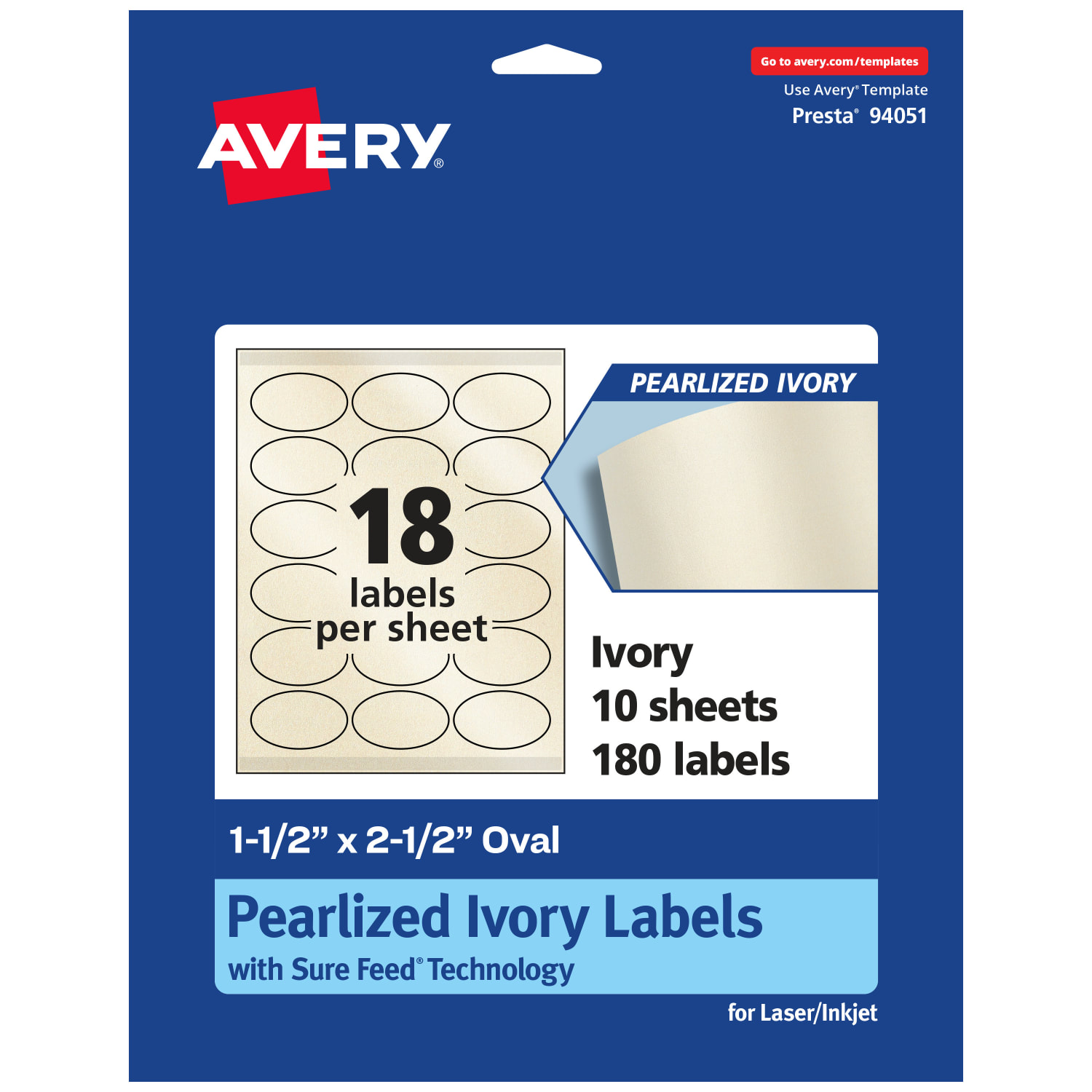 Avery Pearlized Permanent Labels With Sure Feed, 94051-PIP10, Oval, 1-1/2in x 2-1/2in, Ivory, Pack Of 180 Labels