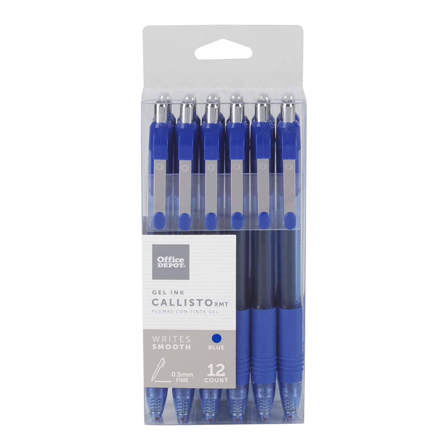 Office Depot Brand Callisto Retractable Gel Ink Pens, Fine Point, 0.5 mm, Transparent Blue Barrel, Blue Ink, Pack Of 12 Pens