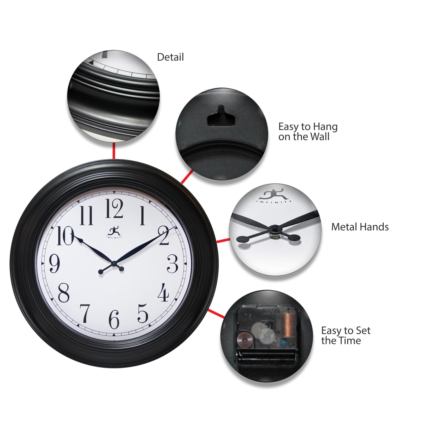 Infinity Instruments Classic Round Wall Clock, 24in, Black - Image 6