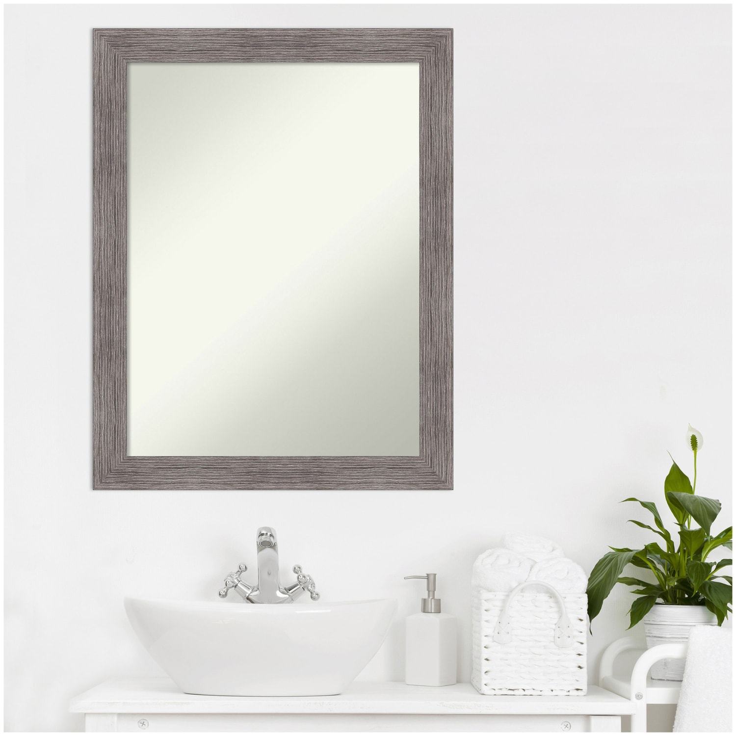 Amanti Art Narrow Non-Beveled Rectangle Framed Bathroom Wall Mirror, 27-1/2in x 21-1/2in, Pinstripe Plank Gray - Image 3