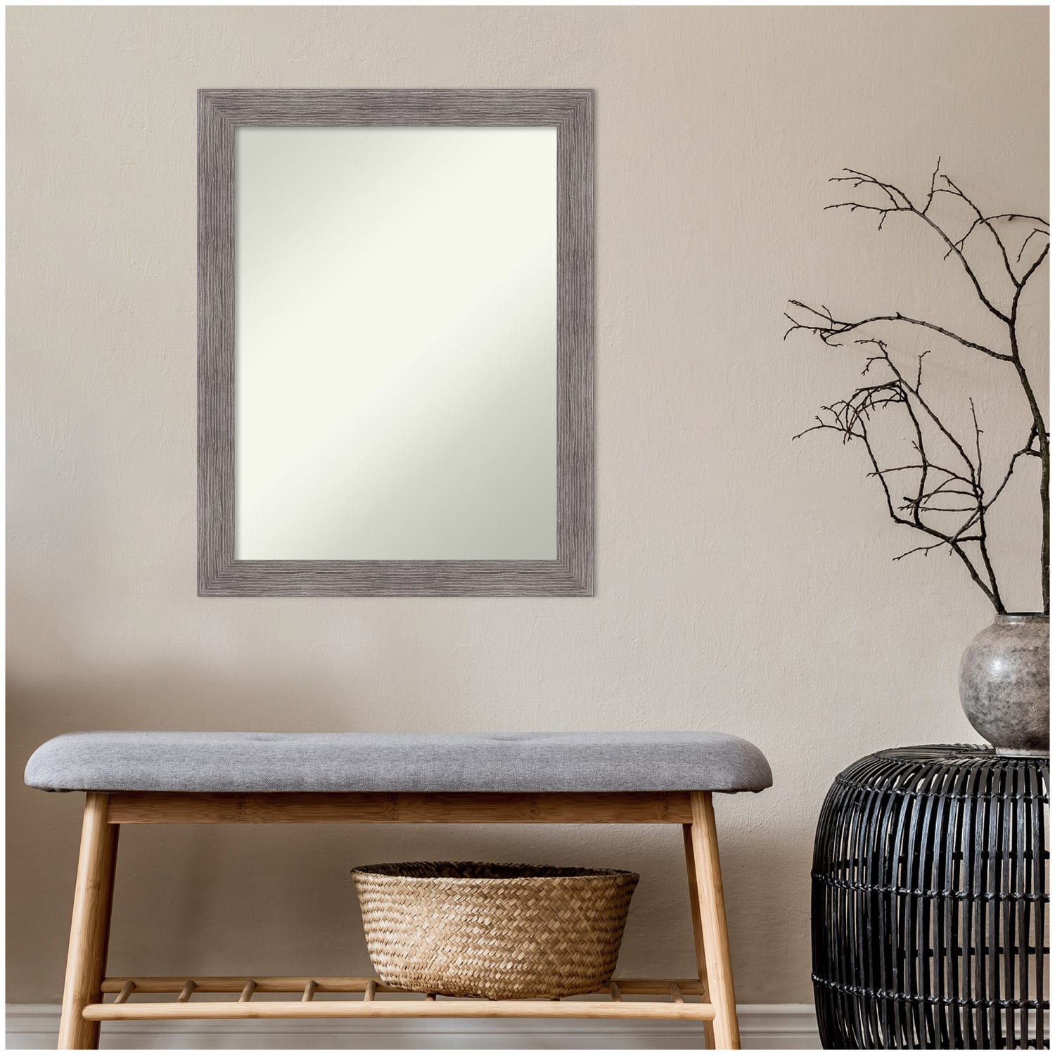 Amanti Art Narrow Non-Beveled Rectangle Framed Bathroom Wall Mirror, 27-1/2in x 21-1/2in, Pinstripe Plank Gray - Image 6