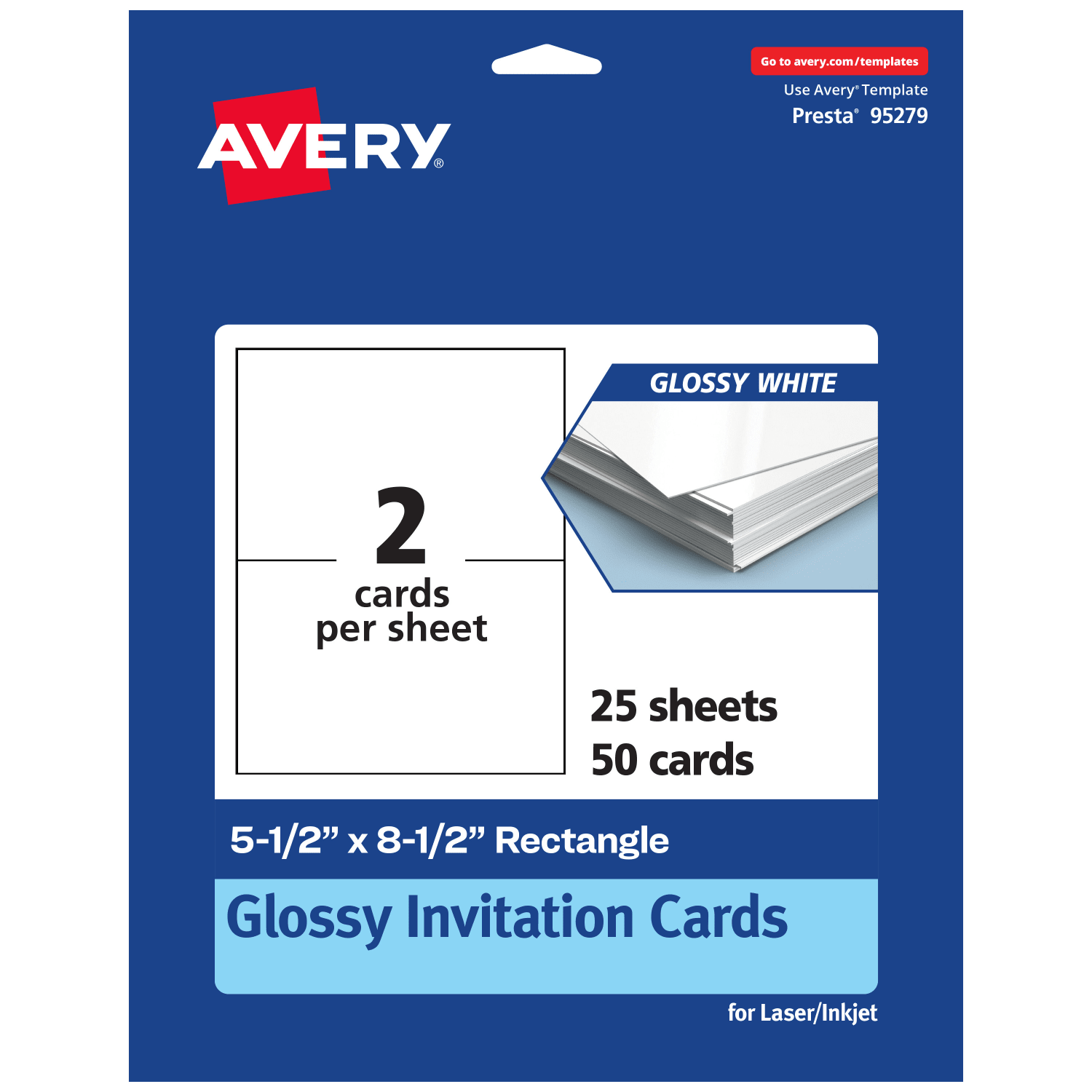 Avery Printable Invitation Cards, Rectangle, 5.5in x 8.5in, Glossy White, Pack Of 50