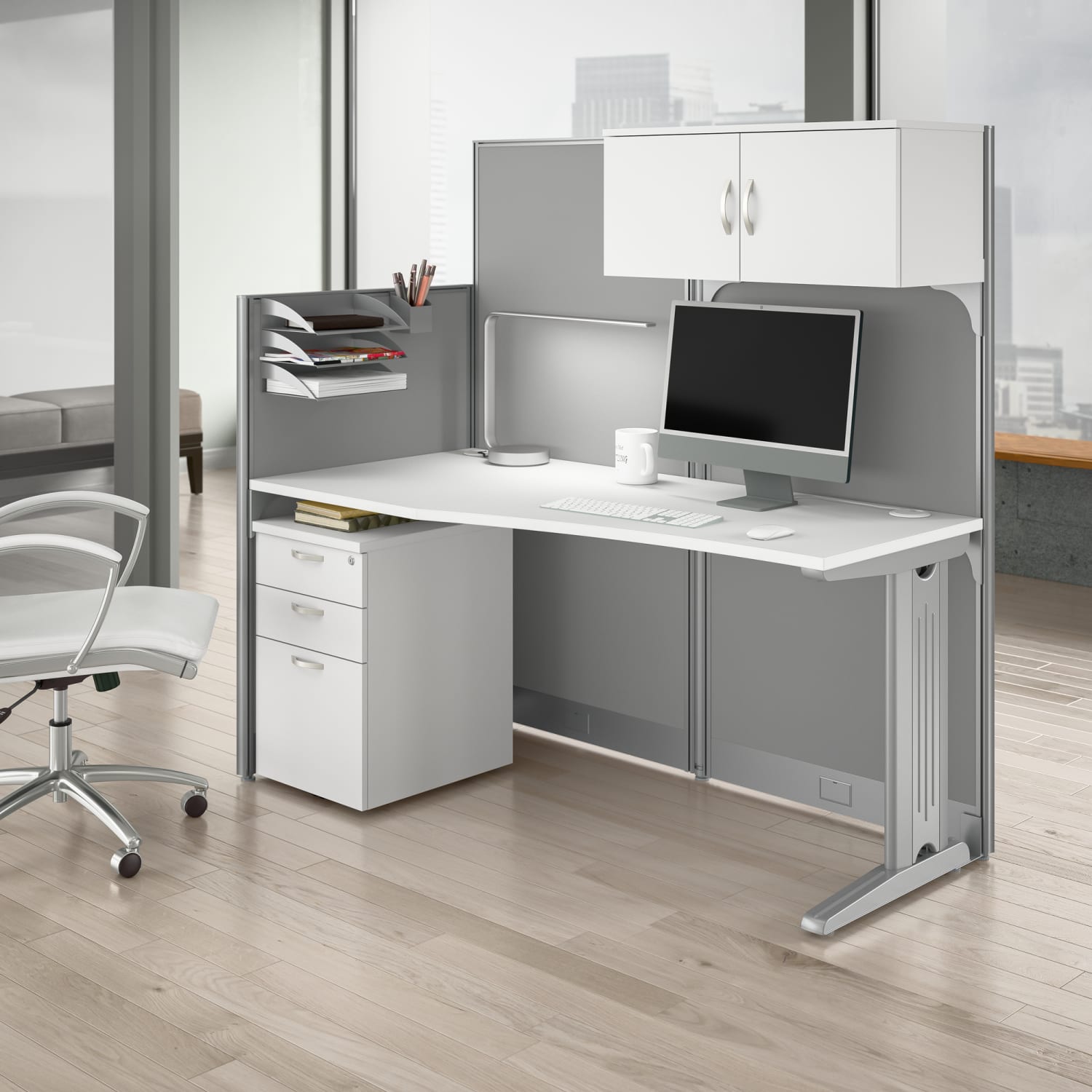 Bush Business Furniture Office in an Hour 65inW Straight Cubicle Desk With Storage, Drawers And Organizers, Pure White, Standard Delivery - Image 3