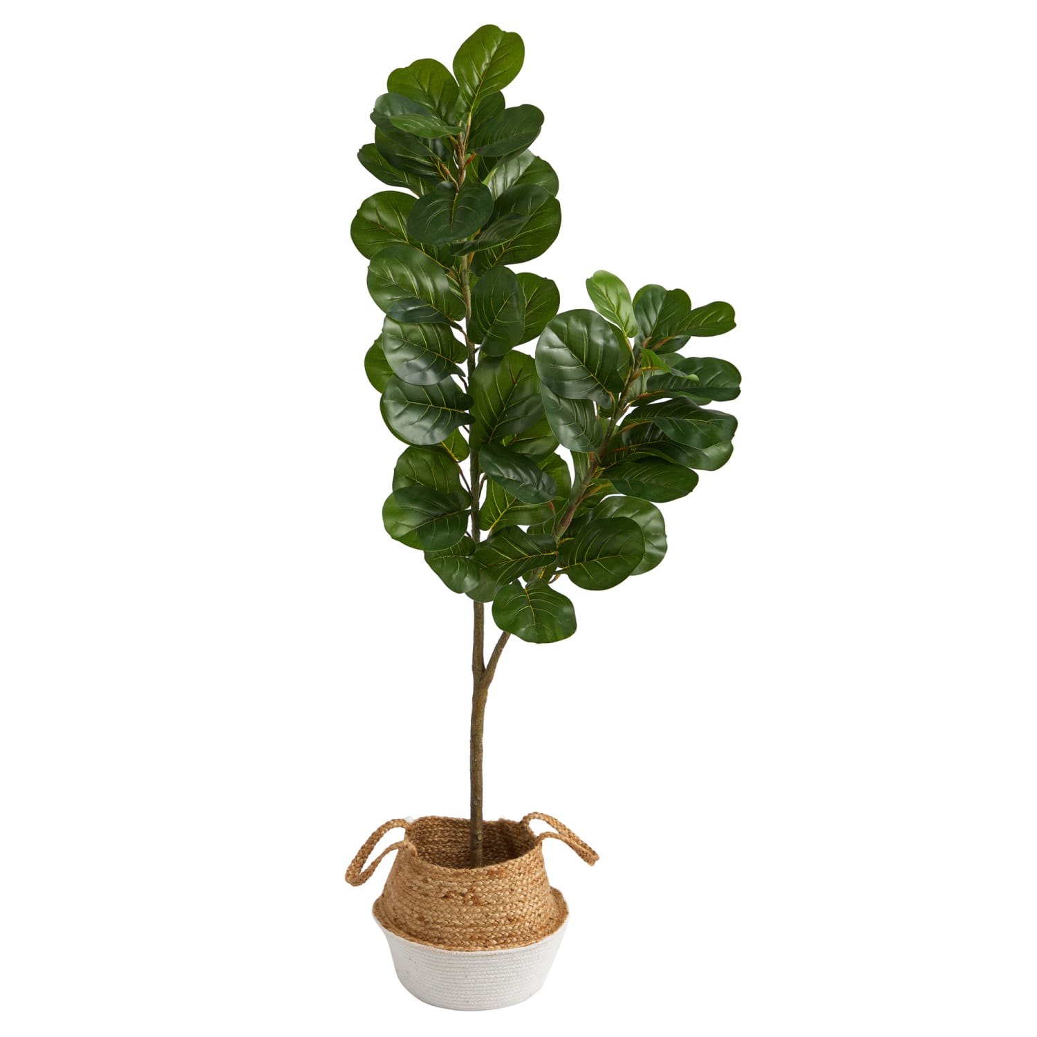 Nearly Natural Fiddle Leaf Fig 54inH Artificial Tree With Handmade Woven Planter, 54inH x 8inW x 8inD, Green/Tan White