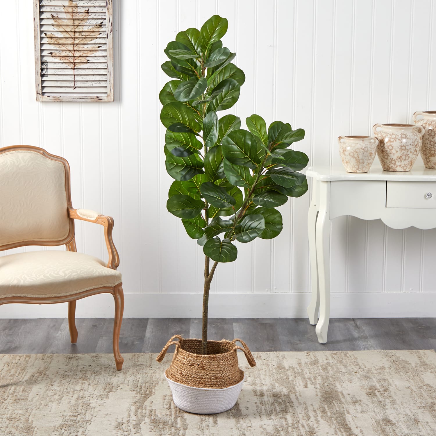 Nearly Natural Fiddle Leaf Fig 54inH Artificial Tree With Handmade Woven Planter, 54inH x 8inW x 8inD, Green/Tan White - Image 4