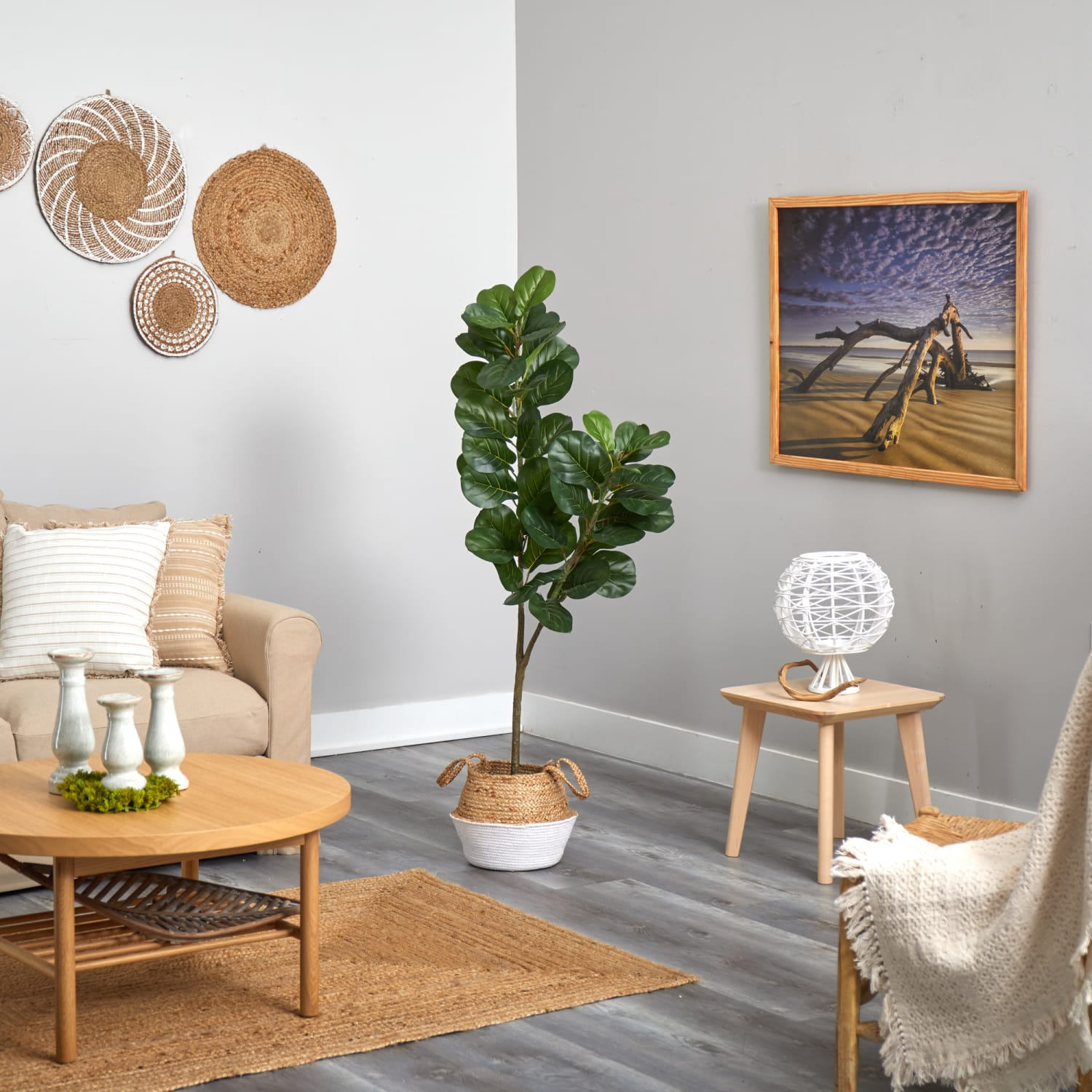 Nearly Natural Fiddle Leaf Fig 54inH Artificial Tree With Handmade Woven Planter, 54inH x 8inW x 8inD, Green/Tan White - Image 5