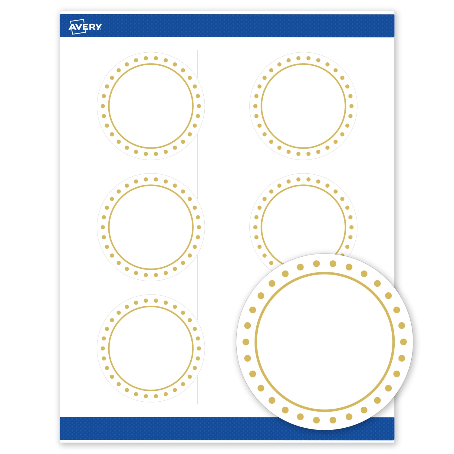 Avery Print-To-The-Edge Labels & Sure Feed, S00-DHX-PRWMP10, 3in Round, Matte White, Preprinted Gold Border & Gold Dots Design, Pack Of 60 - Image 3