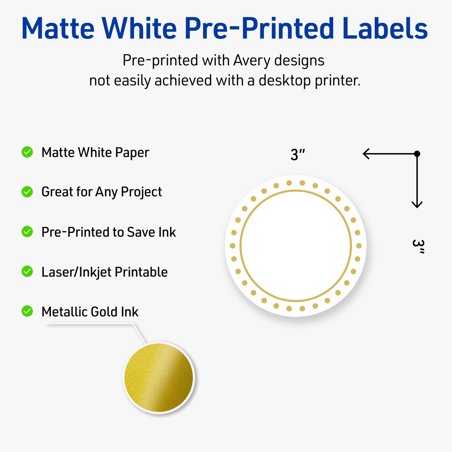 Avery Print-To-The-Edge Labels & Sure Feed, S00-DHX-PRWMP10, 3in Round, Matte White, Preprinted Gold Border & Gold Dots Design, Pack Of 60 - Image 4