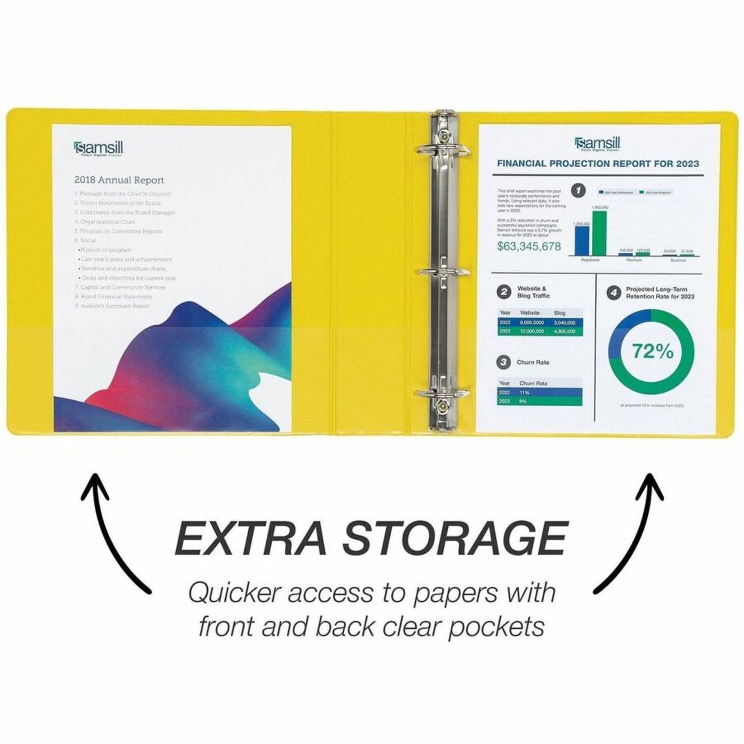 Samsill Durable Three-Ring View Binder - 2in Binder Capacity - 475 Sheet Capacity - Fastener(s): 3 x D-Ring - Pocket(s): 2, Internal - Polypropylene, Chipboard - Yellow - Recycled - Durable, PVC-free, Ink-transfer Resistant, Clear Overlay, Sturdy - 1 Each - Image 5