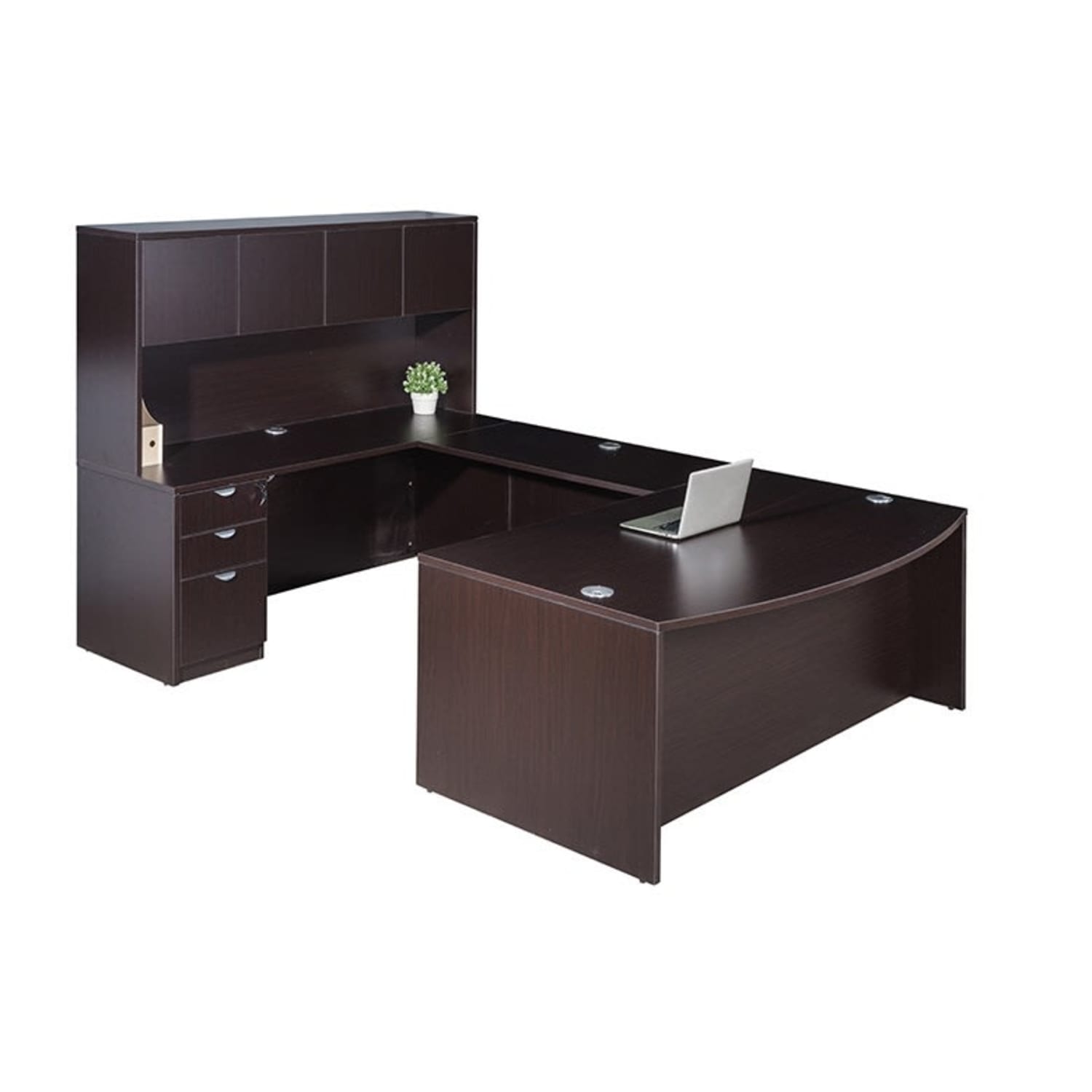 Boss Office Products Holland Series 71in Executive U-Shaped Desk Suite With File Storage Pedestal & Hutch, Mocha