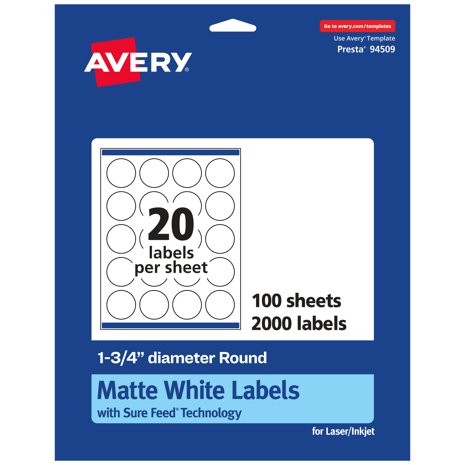 Avery Permanent Labels With Sure Feed, 94509-WMP100, Round, 1-3/4in Diameter, White, Pack Of 2,000