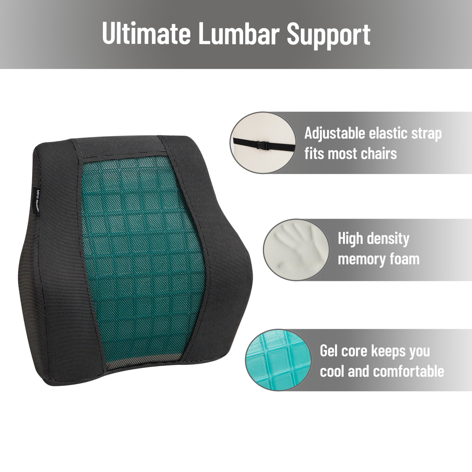 Mind Reader Ergonomic Lumber Support Gel Cushion, Memory Foam, 14-1/4inH x 3-3/4inW x 15-1/2inD, Black - Image 6