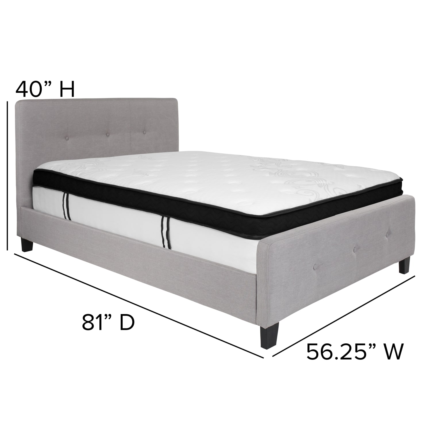 Flash Furniture Tribeca Button Tufted Upholstered Platform Bed with Memory Foam Pocket Spring Mattress, Full, 40inH x 56-1/4inW x 81inL, Light Gray - Image 5