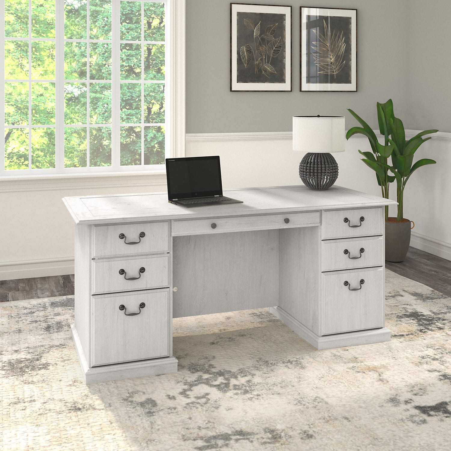Bush Furniture Saratoga Executive 66inW Computer Desk With Drawers, Linen White Oak, Standard Delivery - Image 3