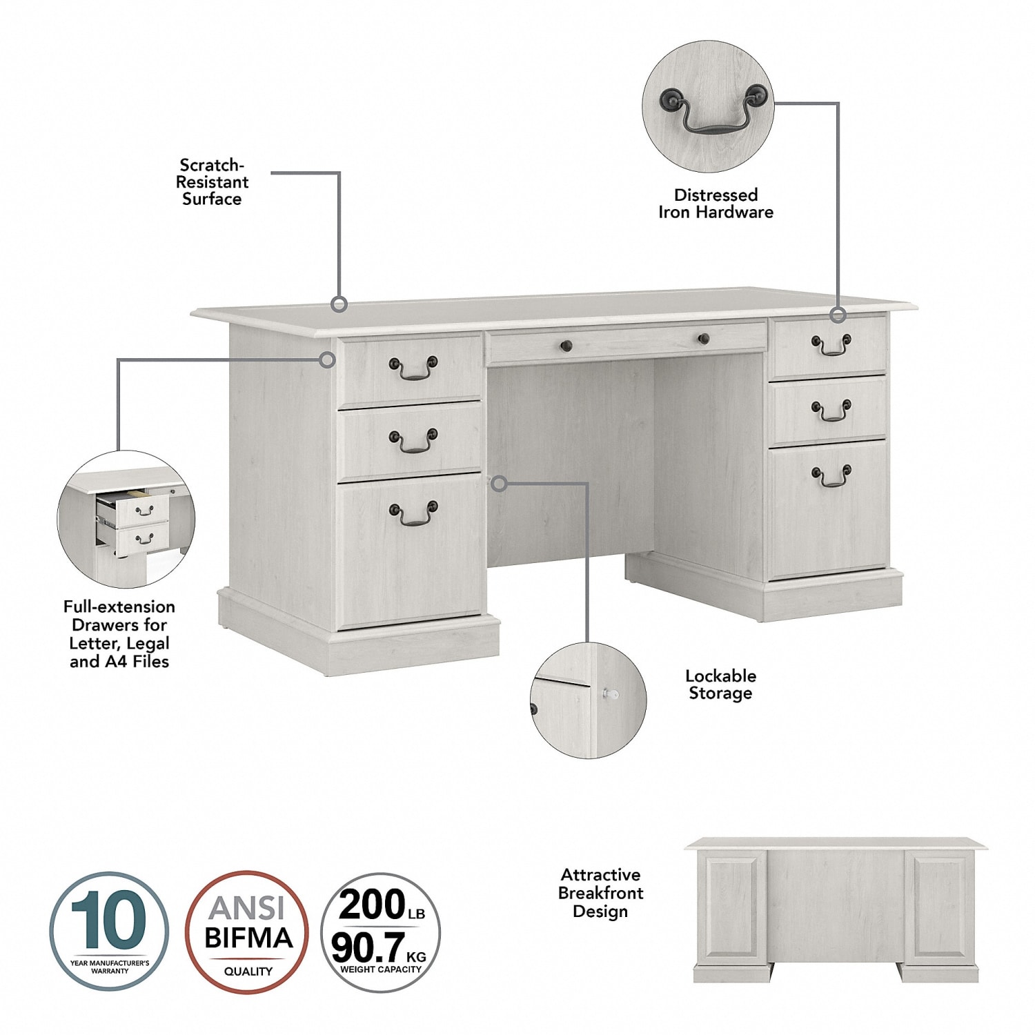 Bush Furniture Saratoga Executive 66inW Computer Desk With Drawers, Linen White Oak, Standard Delivery - Image 4