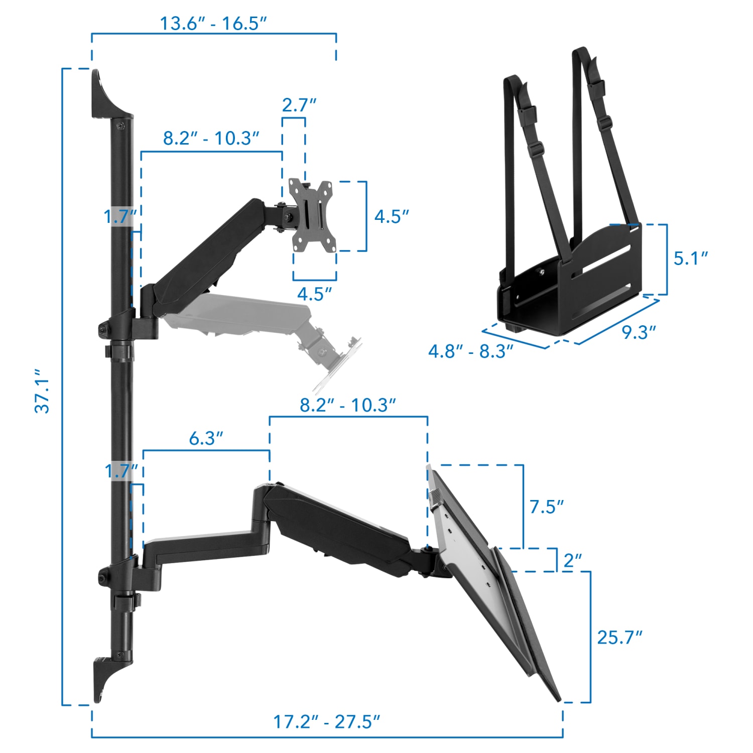 Mount-It! MI-7992 Wall-Mount Workstation With Dual Monitor Mount, Keyboard Tray And CPU Holder, 12inH x 41inW x 6inD, Black - Image 3