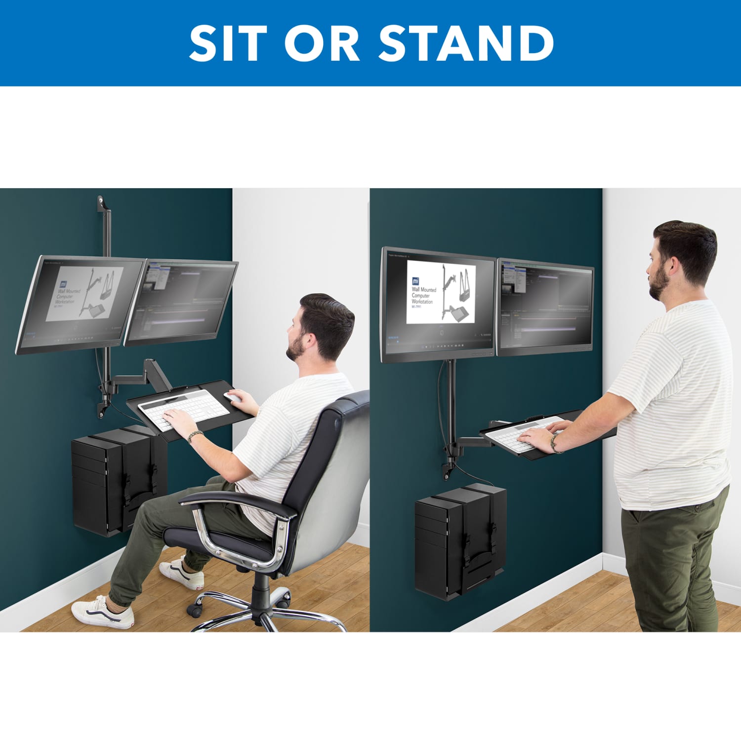 Mount-It! MI-7992 Wall-Mount Workstation With Dual Monitor Mount, Keyboard Tray And CPU Holder, 12inH x 41inW x 6inD, Black - Image 5