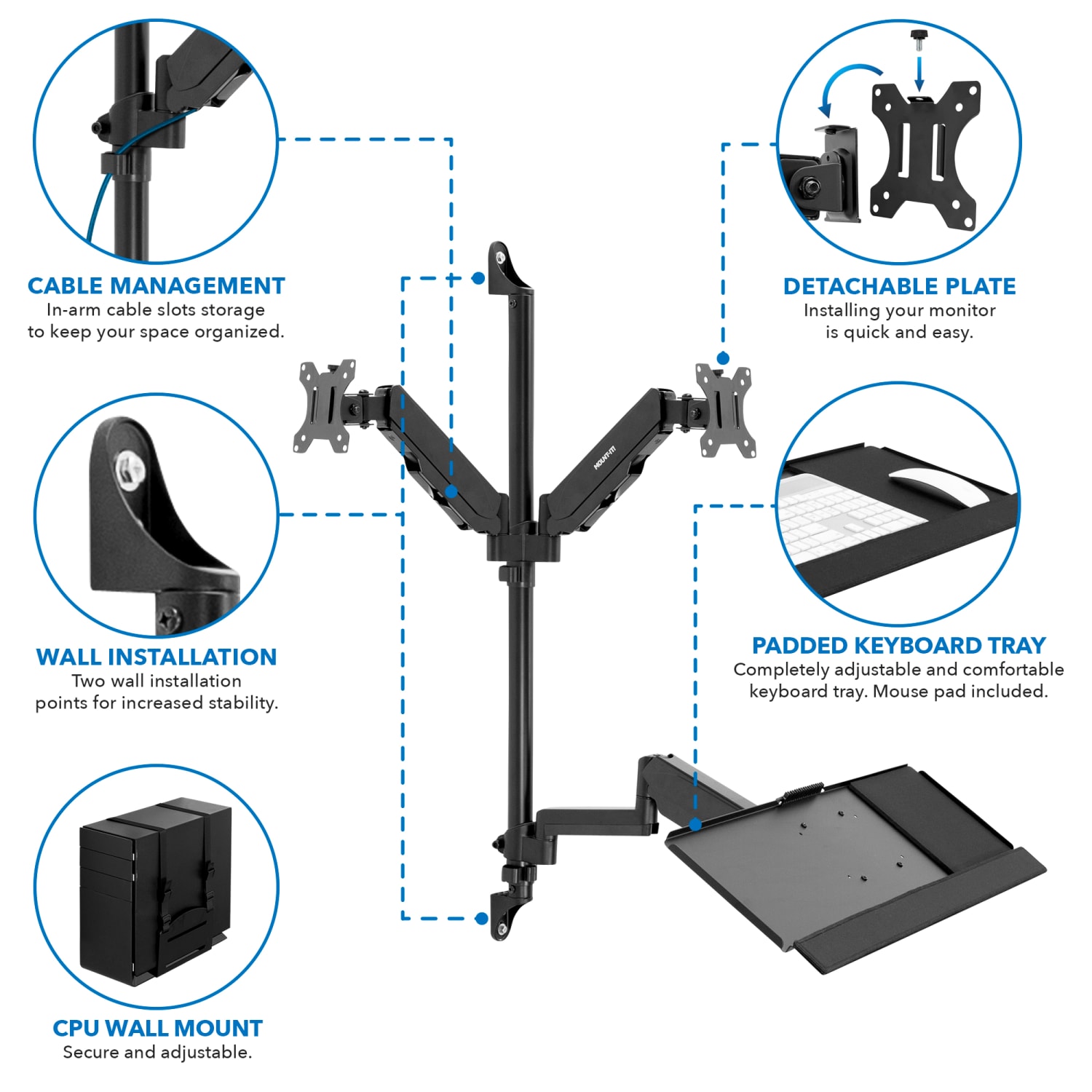 Mount-It! MI-7992 Wall-Mount Workstation With Dual Monitor Mount, Keyboard Tray And CPU Holder, 12inH x 41inW x 6inD, Black - Image 6