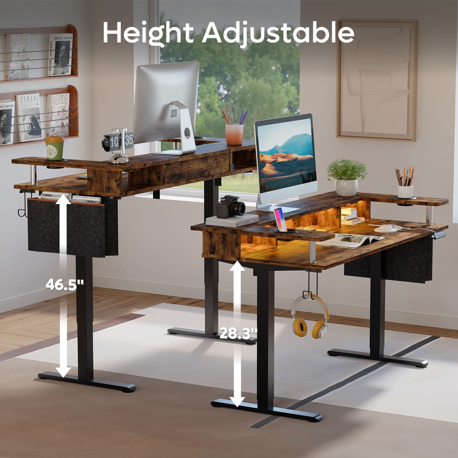 Bestier 59inW Electric Adjustable-Height Standing Desk With Monitor Riser, Cup Holder And Hooks, Rustic Brown - Image 4