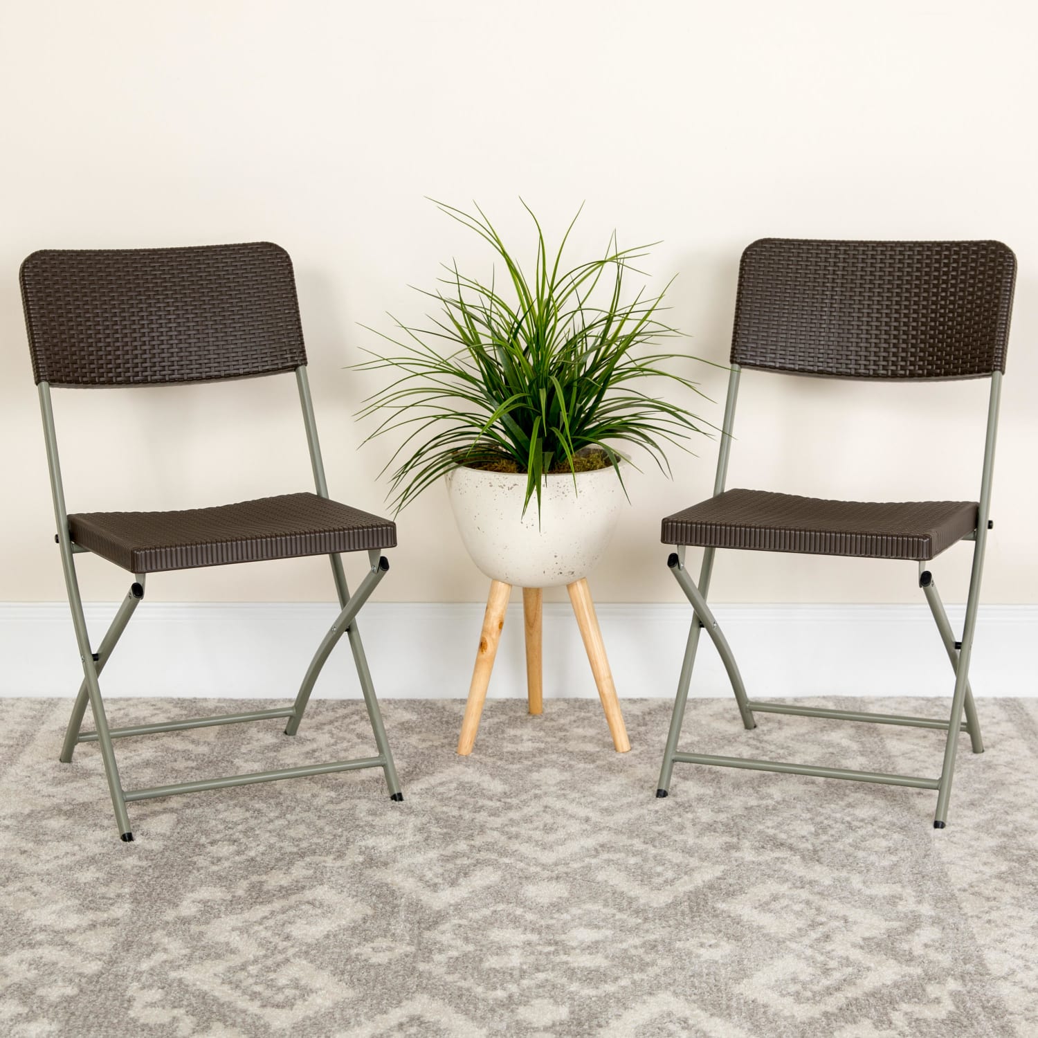 Flash Furniture HERCULES Series Rattan Plastic Folding Chairs, Brown/Gray, Pack Of 2 Chairs