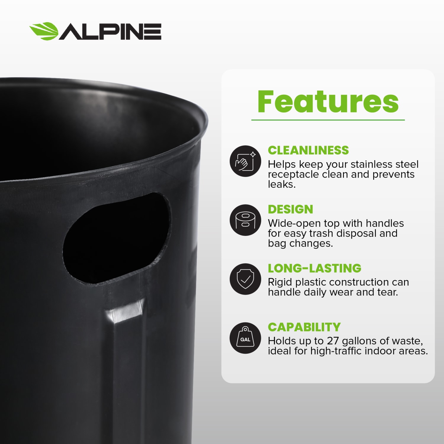 Alpine Industries Stainless Steel, Indoor Trash Can, 50 Gallons, Black, 2/Pack (475-50L-BLK) - Image 4