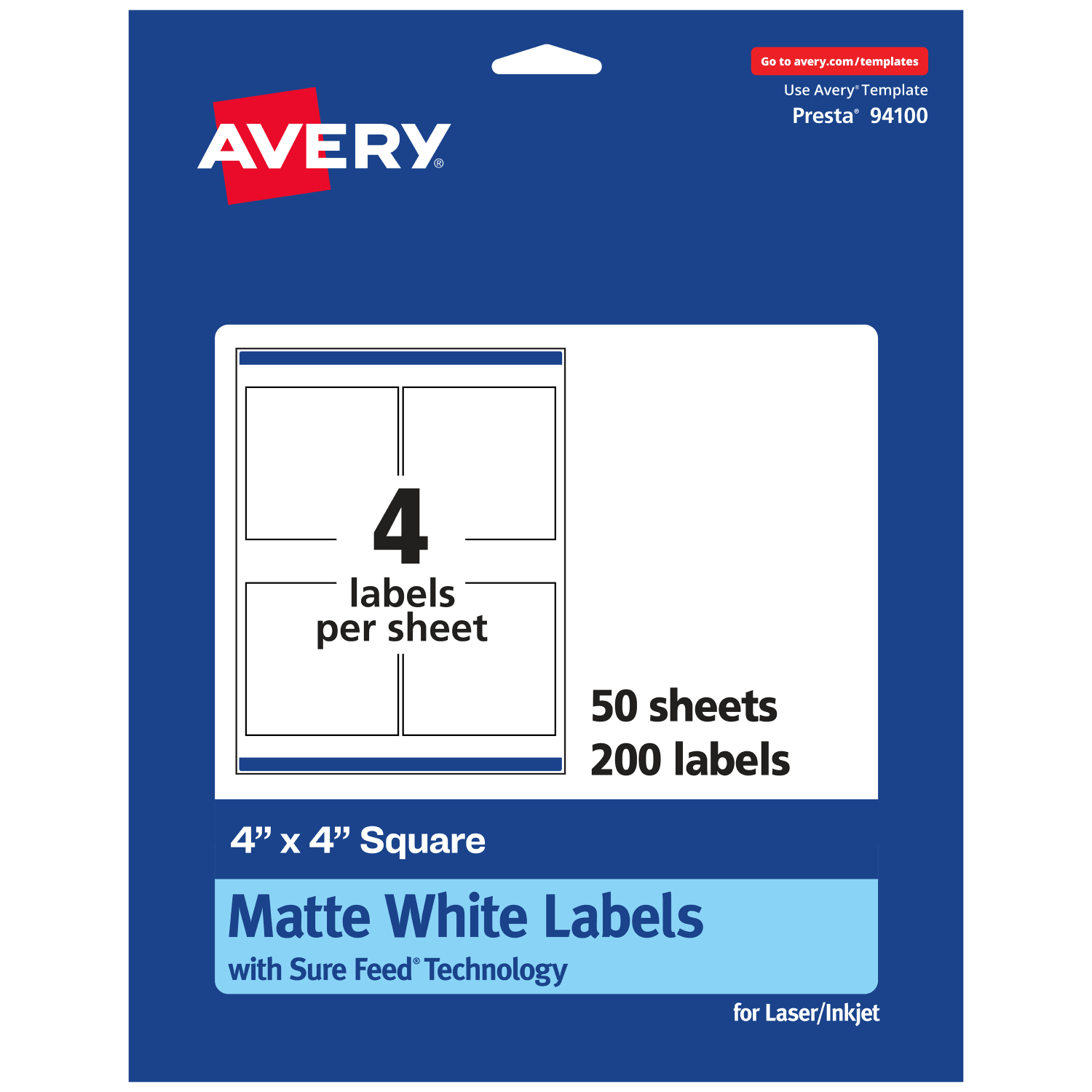 Avery Permanent Labels With Sure Feed, 94100-WMP50, Square, 4in x 4in, White, Pack Of 200
