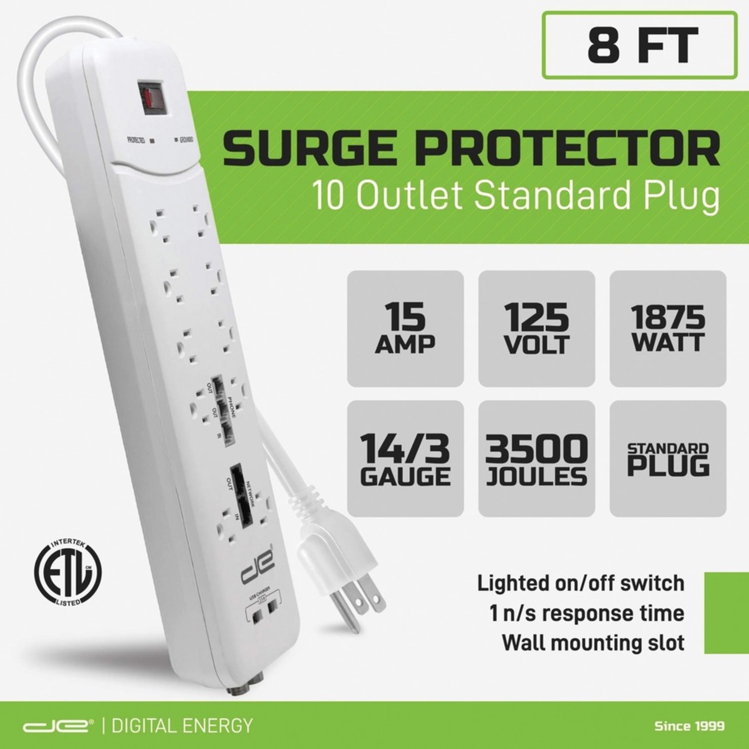 Digital Energy World 12-Outlets Surge Suppressor/Protector - 10 x AC Power, 2 x USB - 1875 VA - 3500 J - 120 V AC Input - DSL, Modem, Phone, Coaxial, Ethernet - 8 ft - Image 6