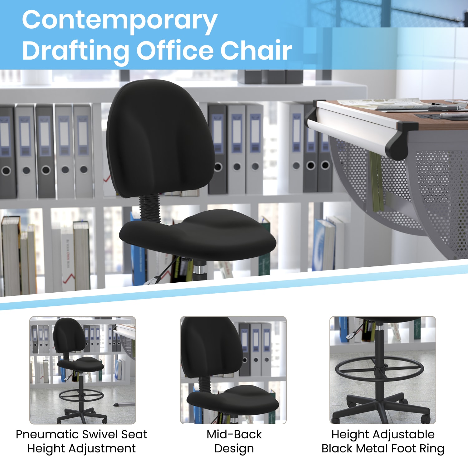 Flash Furniture Fabric Drafting Chair, Black - Image 6