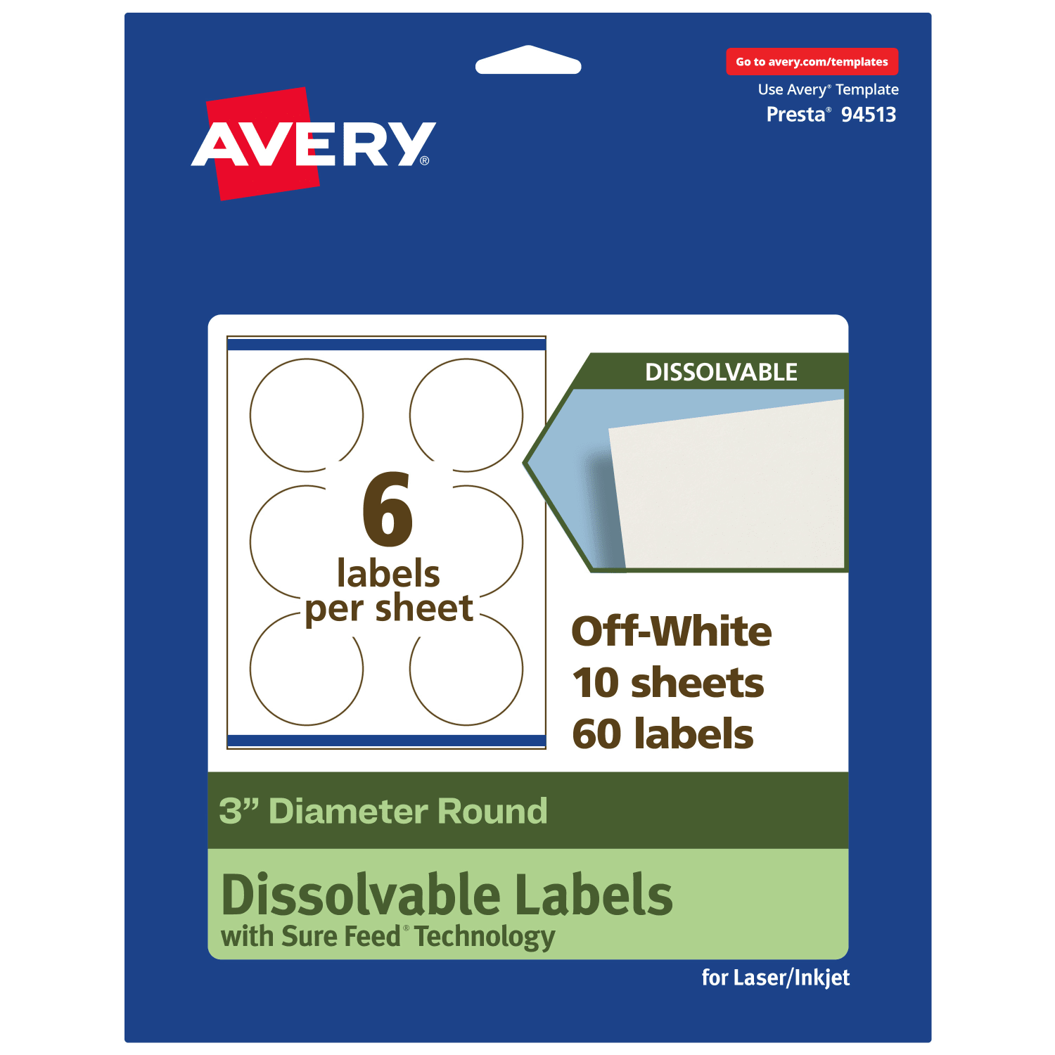 Avery Print-to-the-Edge Dissolvable Labels With Sure Feed Technology, 94513-DWMP10, Round, 3in, Matte Off-White, Pack Of 60