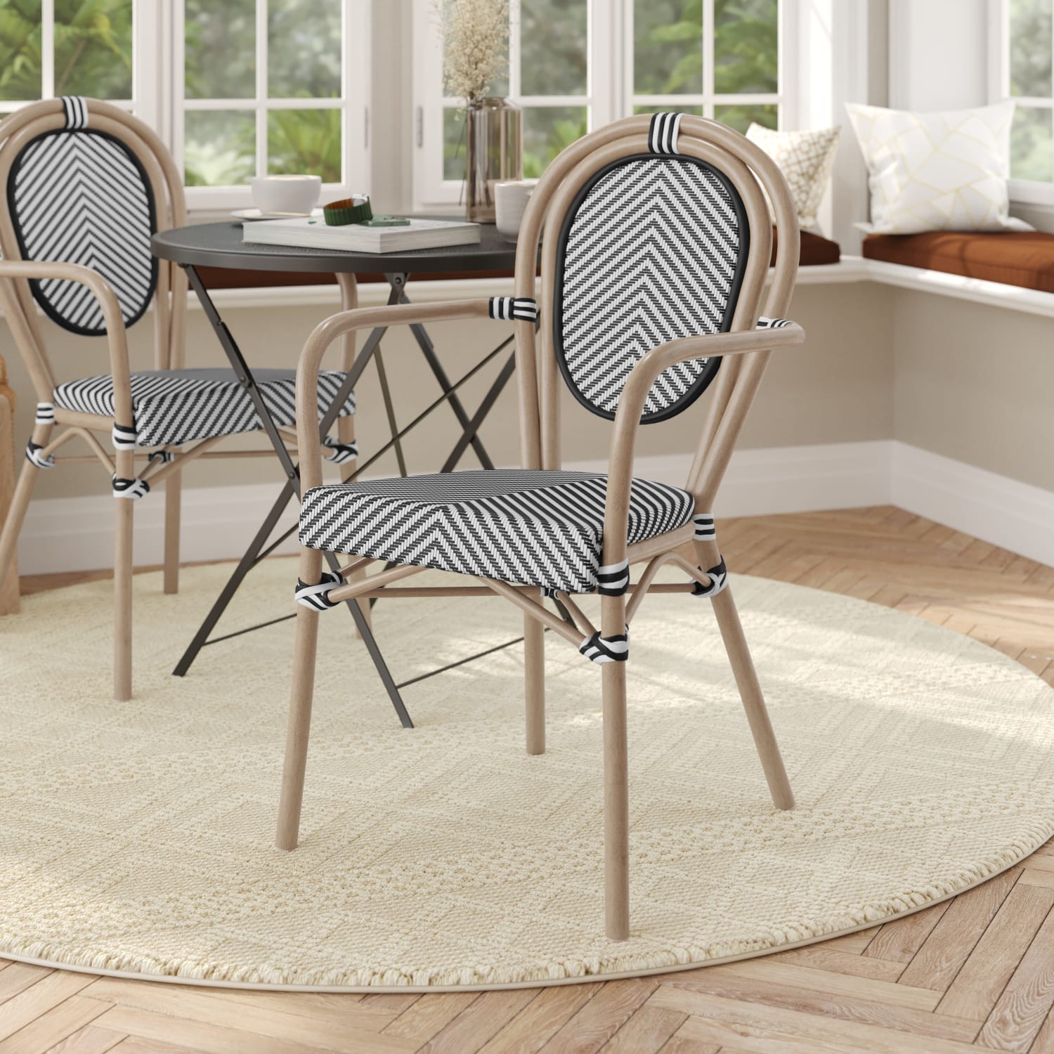 Flash Furniture Marseille Indoor/Outdoor Commercial Thonet Bistro Stacking Chair with Arms, Black & White/Light Natural Frame -SDA6422ATXTBWLN - Image 3