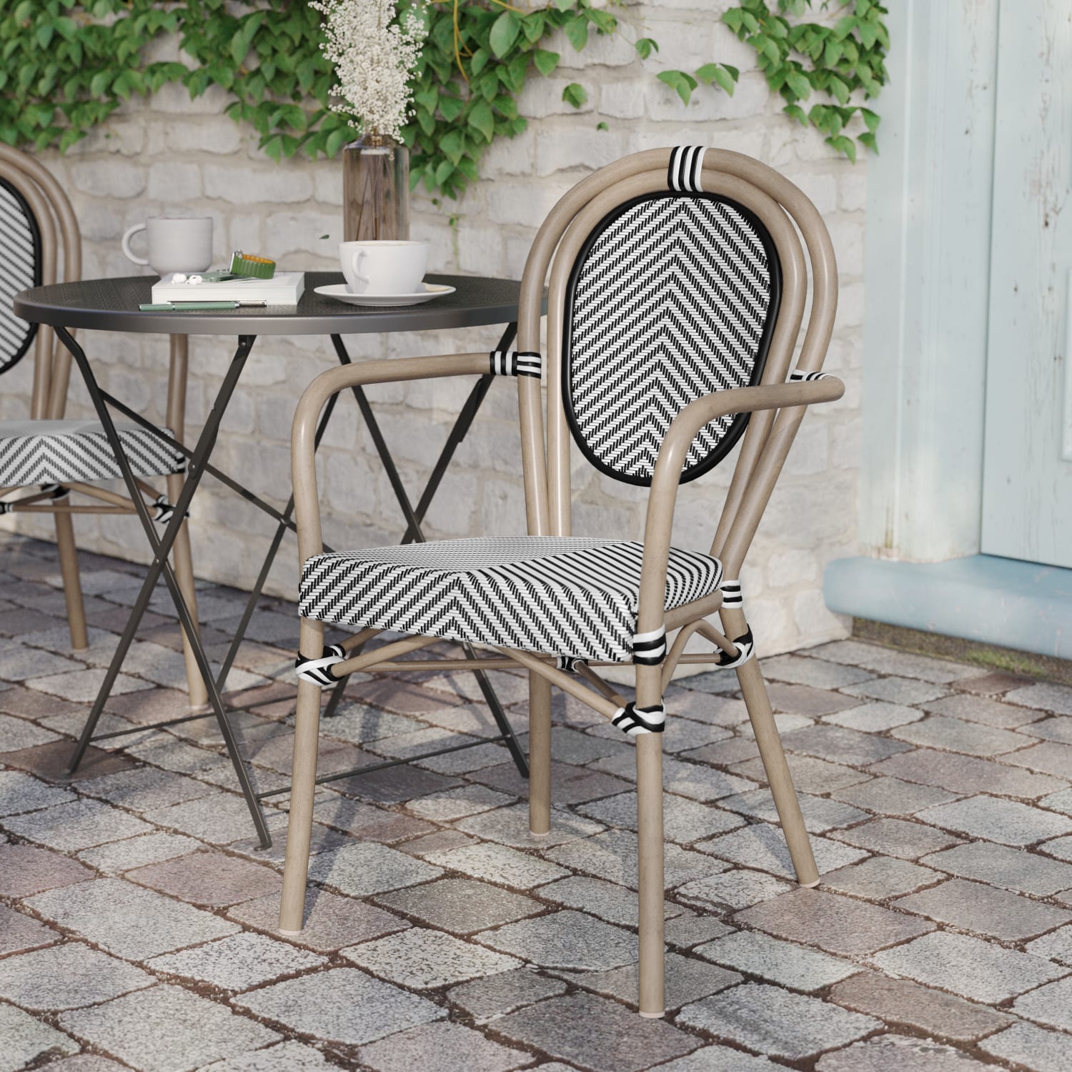 Flash Furniture Marseille Indoor/Outdoor Commercial Thonet Bistro Stacking Chair with Arms, Black & White/Light Natural Frame -SDA6422ATXTBWLN - Image 5