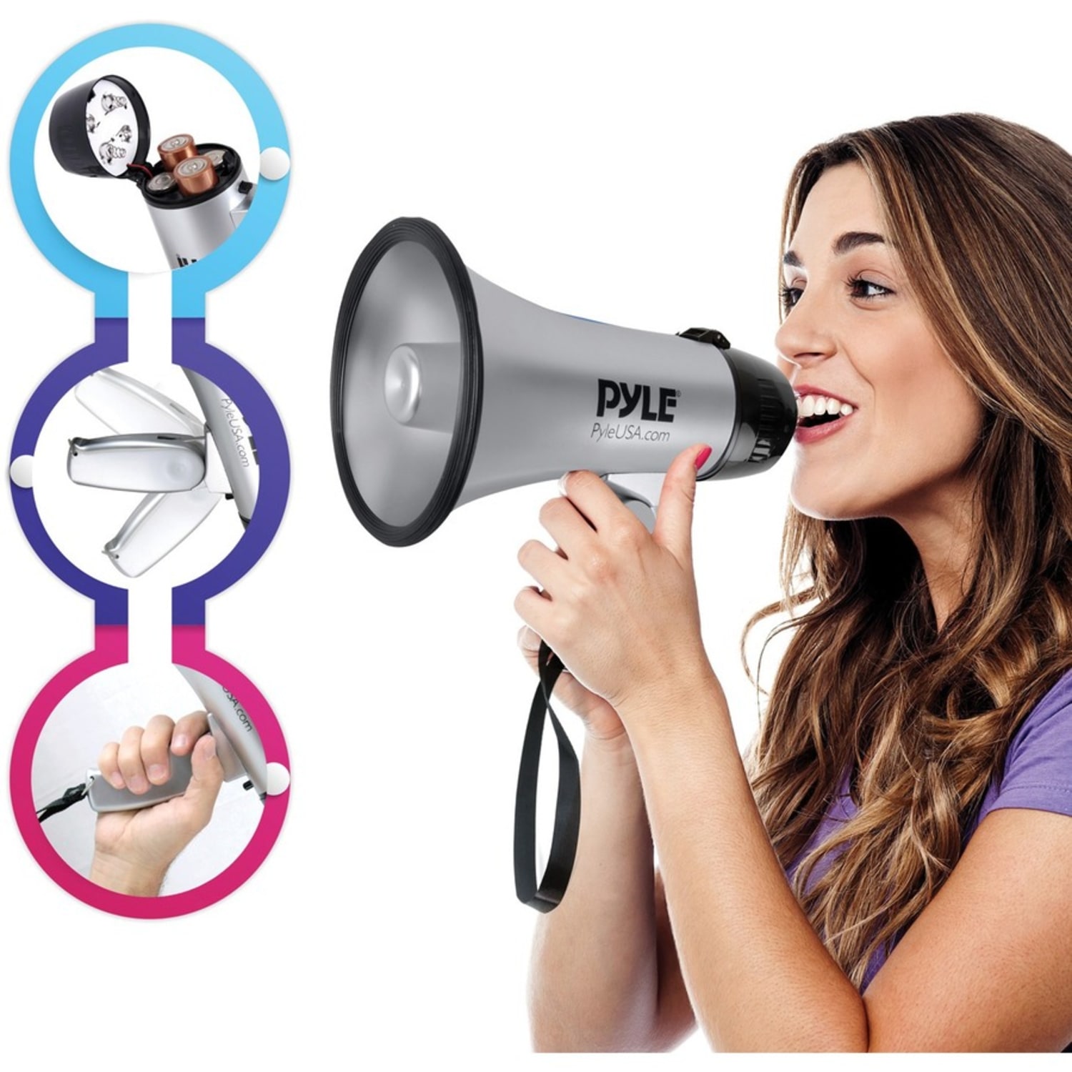 PylePro Compact & Portable Megaphone Speaker with Siren Alarm Mode, Battery Operated - Battery - Portable - Silver - Image 4