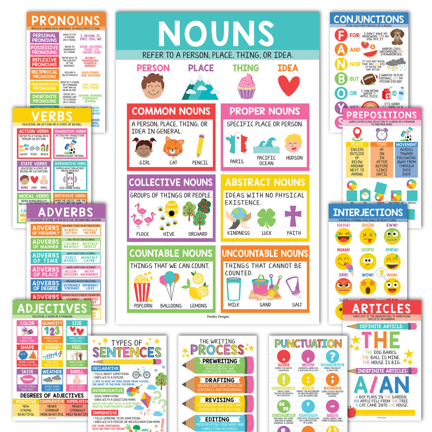 Hadley Designs Laminated Posters, Colorful Parts Of Speech Language Arts and Grammar, Set Of 12