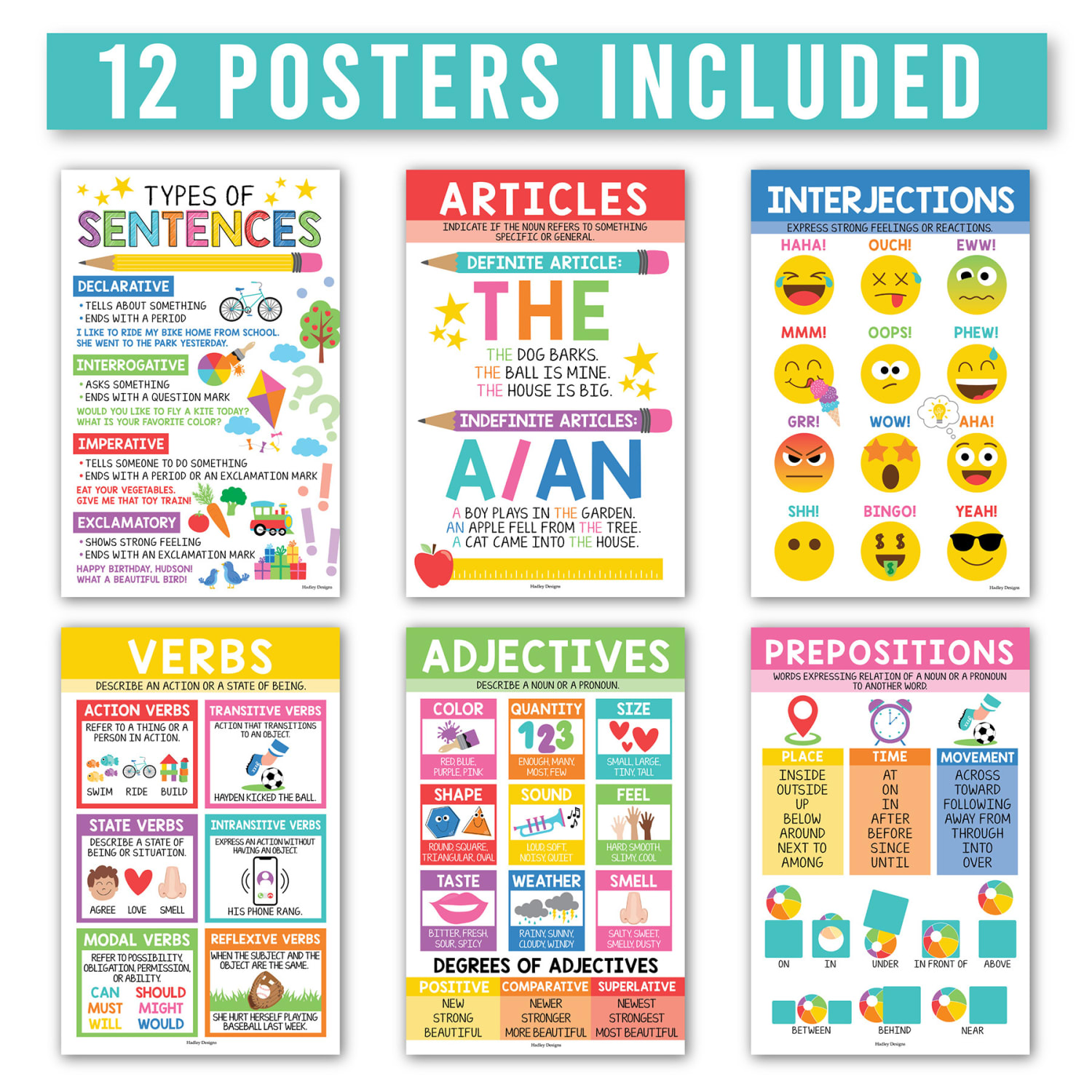 Hadley Designs Laminated Posters, Colorful Parts Of Speech Language Arts and Grammar, Set Of 12 - Image 3