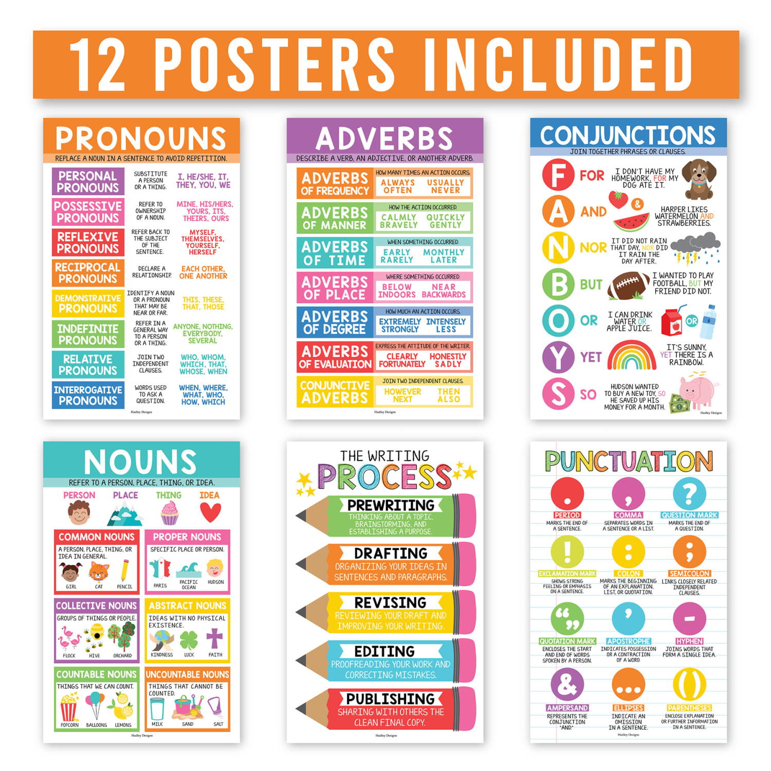 Hadley Designs Laminated Posters, Colorful Parts Of Speech Language Arts and Grammar, Set Of 12 - Image 4