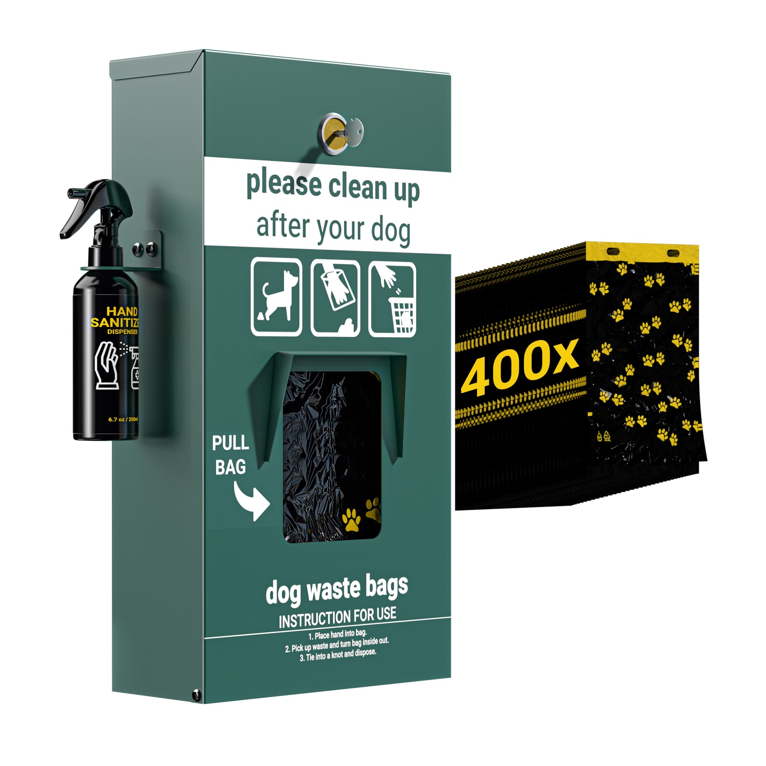 Flash Furniture Kessler Locking Dog Waste Bag Dispenser With Glow-In-The-Dark Sign, Hand Sanitizer Bottle, Rain Guard And 400 Pull-Out Header Bags, 16inH x 5inW x 12inD, Green - Image 4