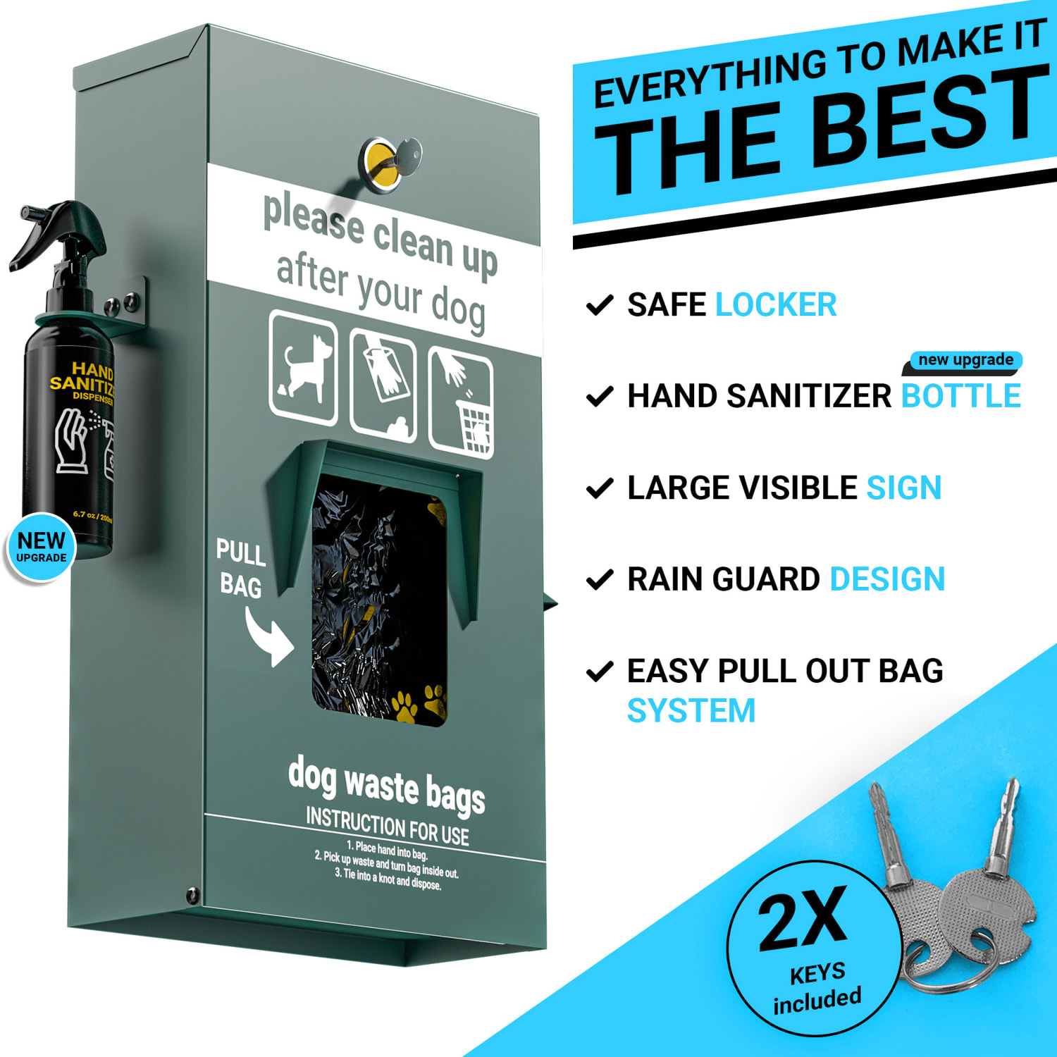 Flash Furniture Kessler Locking Dog Waste Bag Dispenser With Glow-In-The-Dark Sign, Hand Sanitizer Bottle, Rain Guard And 400 Pull-Out Header Bags, 16inH x 5inW x 12inD, Green - Image 6