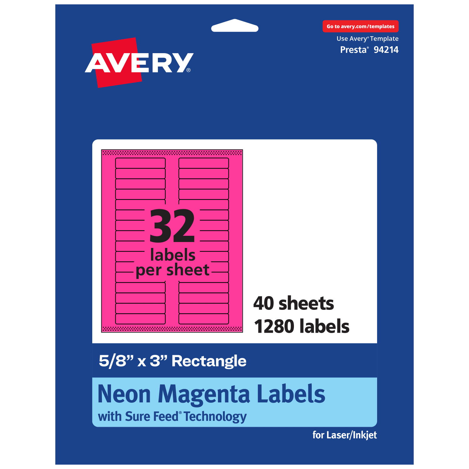 Avery Printable Labels With Sure Feed Technology, 94214-NMP40, Rectangle, 5/8in x 3in, Matte Neon Magenta, Pack of 1280 - Image 3
