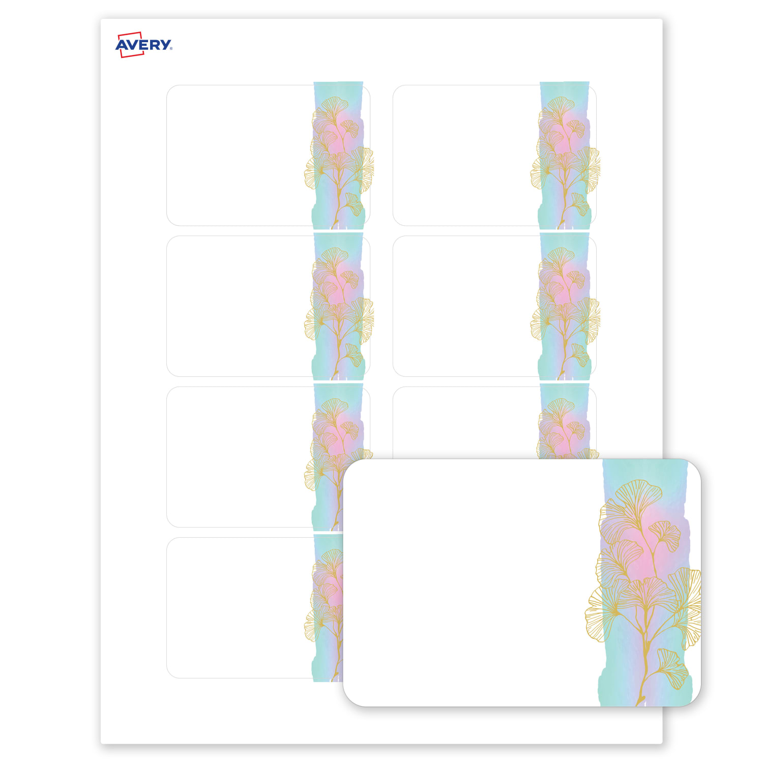 Avery Printable Adhesive Name Badges/Preprinted Designs, Rectangle, S00-EVS, 2-1/3in x 3-3/8in, Matte White/Watercolors/Gold Ginkgo Leaves, Pack Of 80 - Image 3